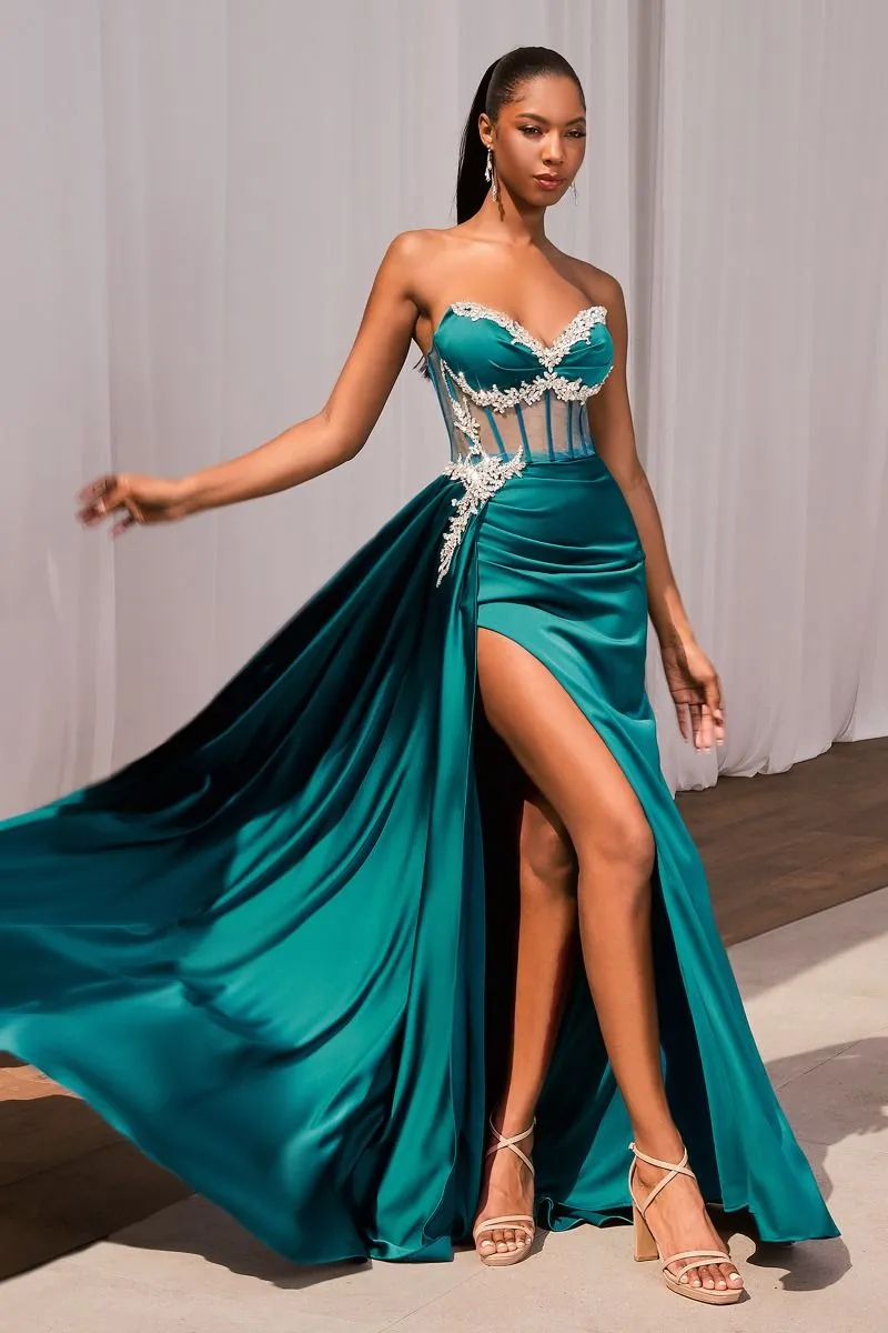 Ladivine CD343 Size 4,6,8,10 SAGE Sheer Corset Satin Slit Prom Dress Crystal V Neck Strapless Gown Overskirt