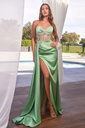 Ladivine CD343 Size 4,6,8,10 SAGE Sheer Corset Satin Slit Prom Dress Crystal V Neck Strapless Gown Overskirt