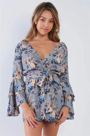 Light Grey Floral Surplice Bell Sleeve Romper /2-2-2