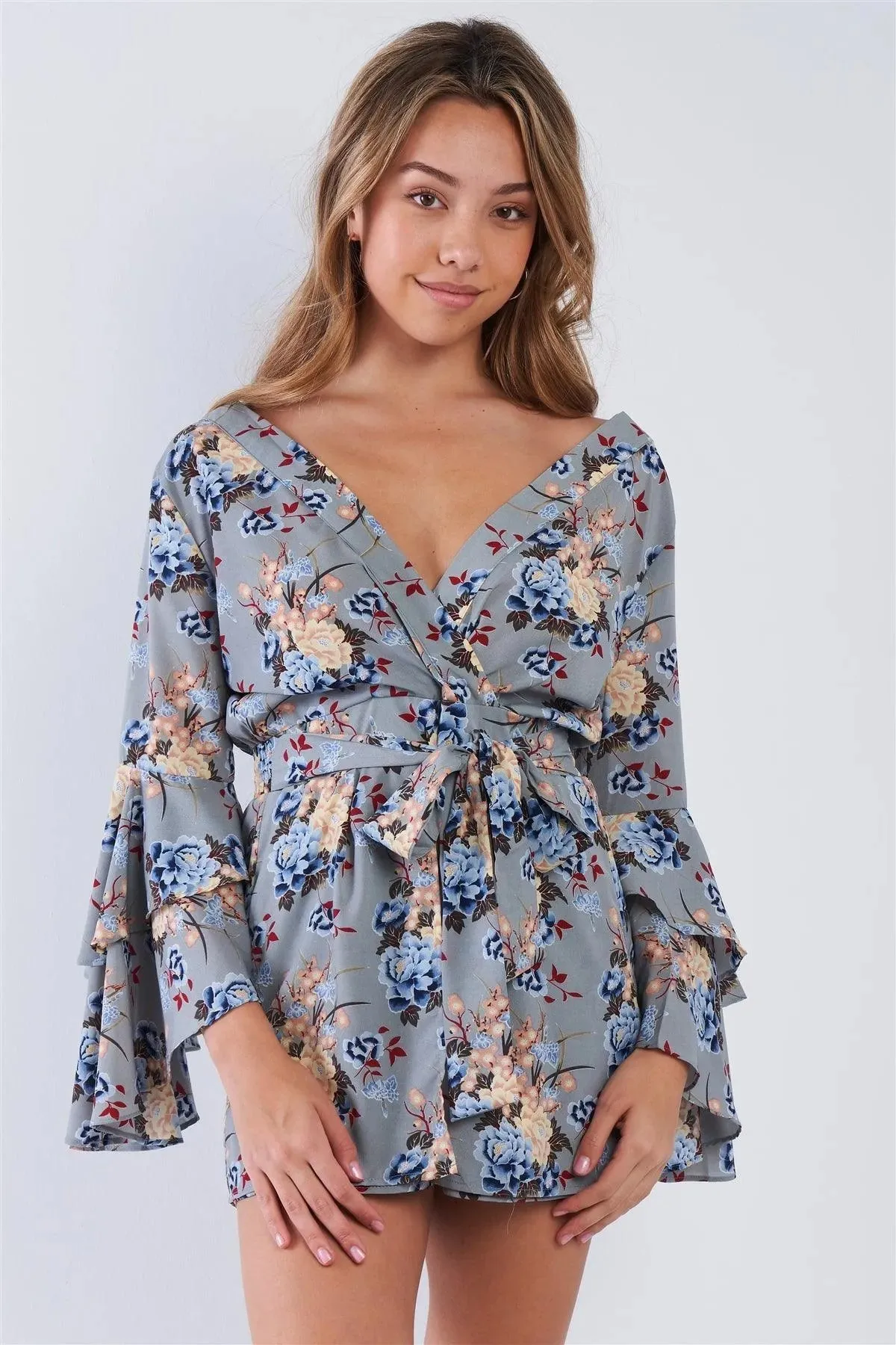 Light Grey Floral Surplice Bell Sleeve Romper /2-2-2
