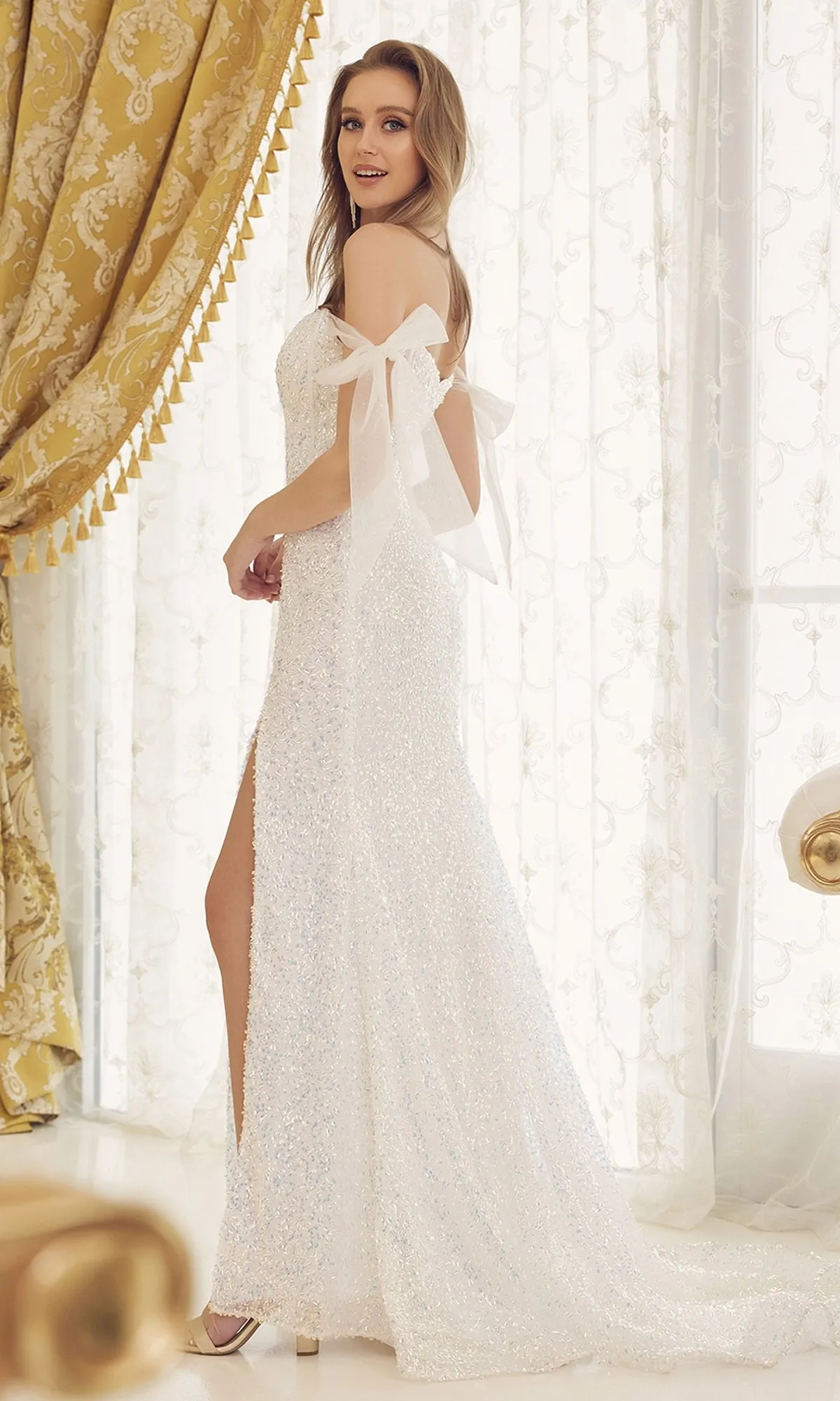 Long White Sequin Formal Dress with Bows