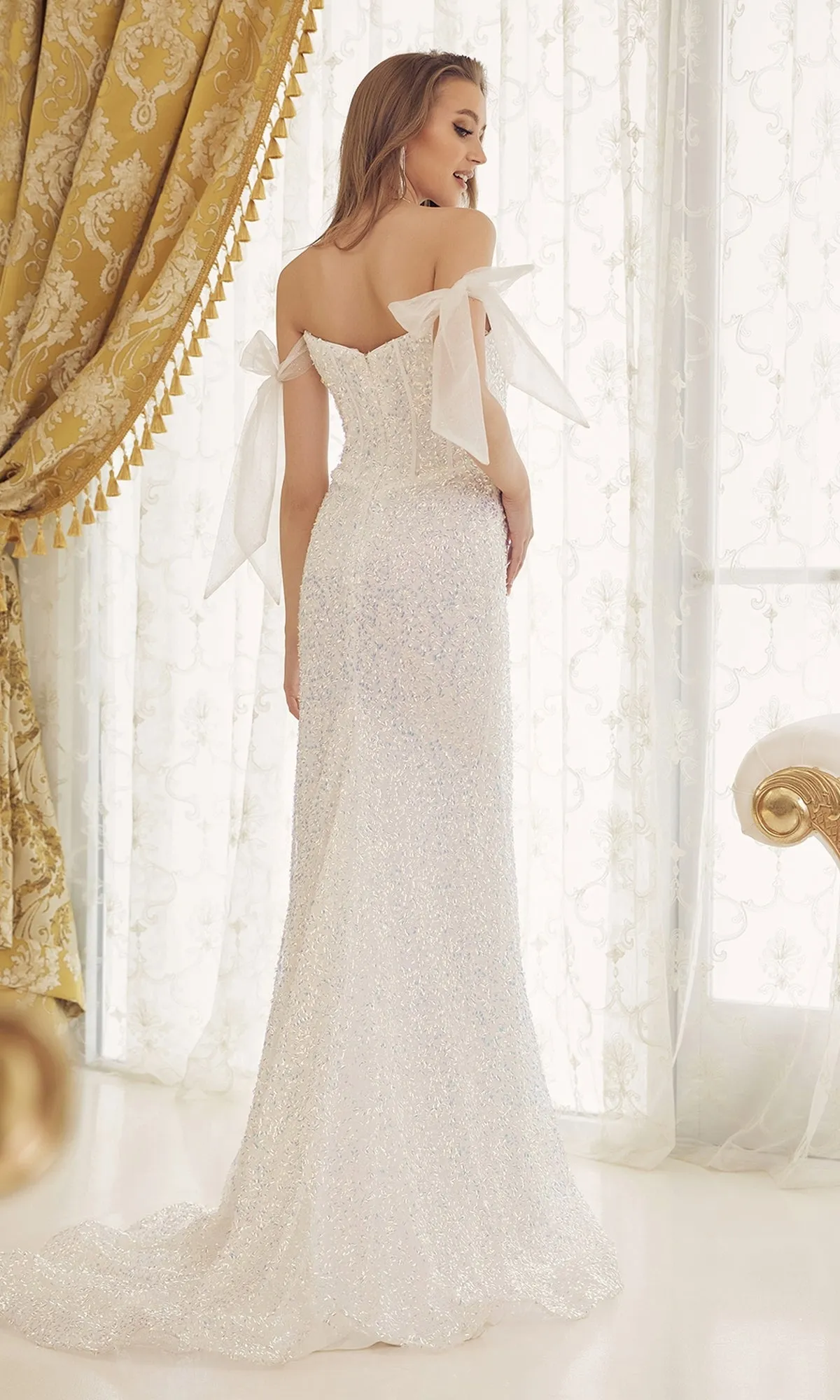 Long White Sequin Formal Dress with Bows