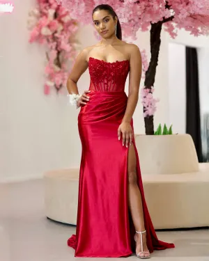 Madeline Corset Satin Gown - Ruby