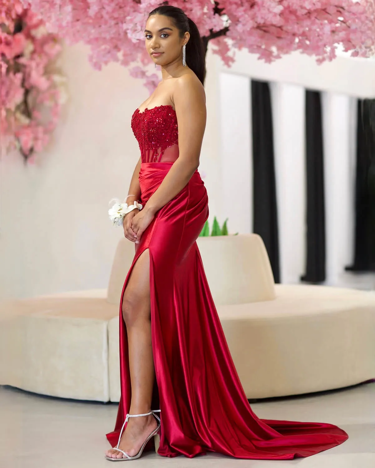 Madeline Corset Satin Gown - Ruby