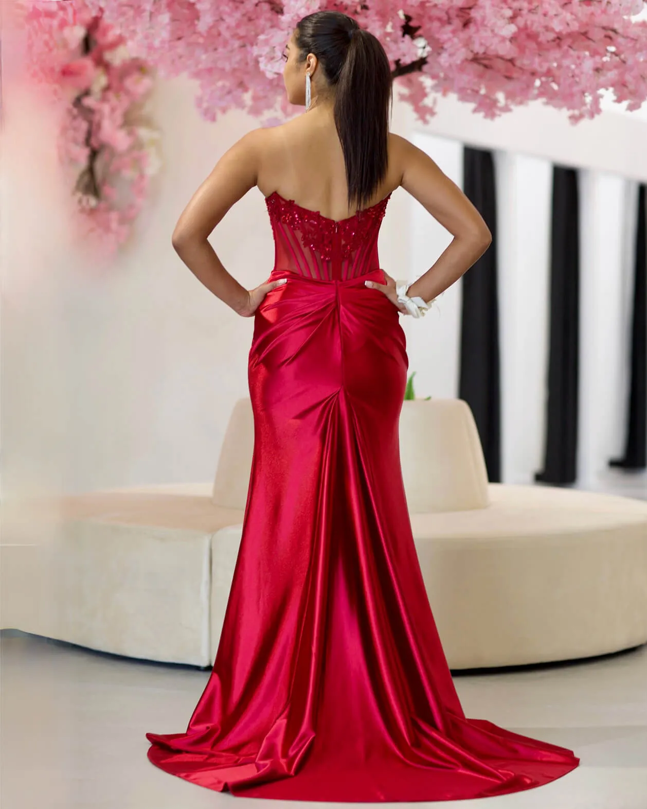 Madeline Corset Satin Gown - Ruby