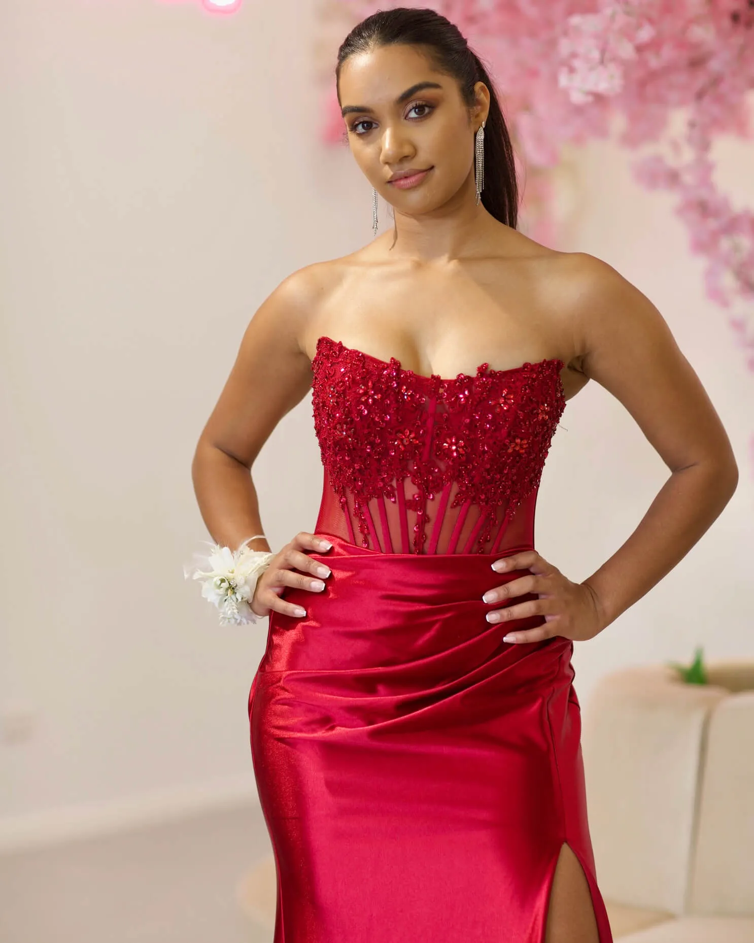 Madeline Corset Satin Gown - Ruby
