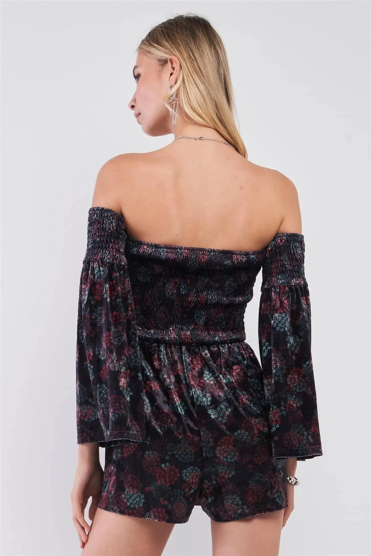 Navy Multi Floral Print Velvet Off-The-Shoulder Long Bell Sleeve Smock Romper /1-2-2-1