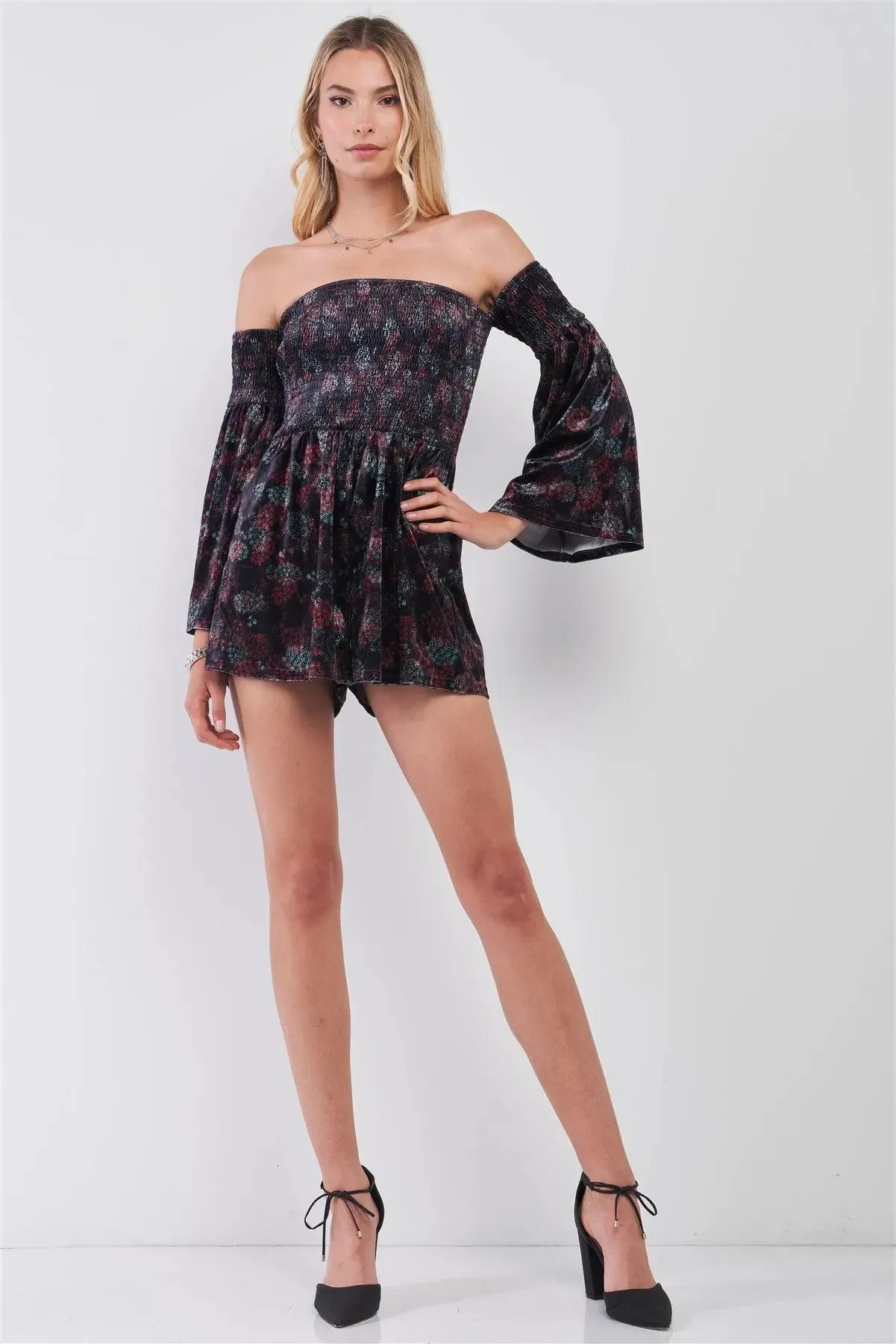Navy Multi Floral Print Velvet Off-The-Shoulder Long Bell Sleeve Smock Romper /1-2-2-1