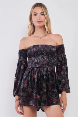 Navy Multi Floral Print Velvet Off-The-Shoulder Long Bell Sleeve Smock Romper /1-2-2-1