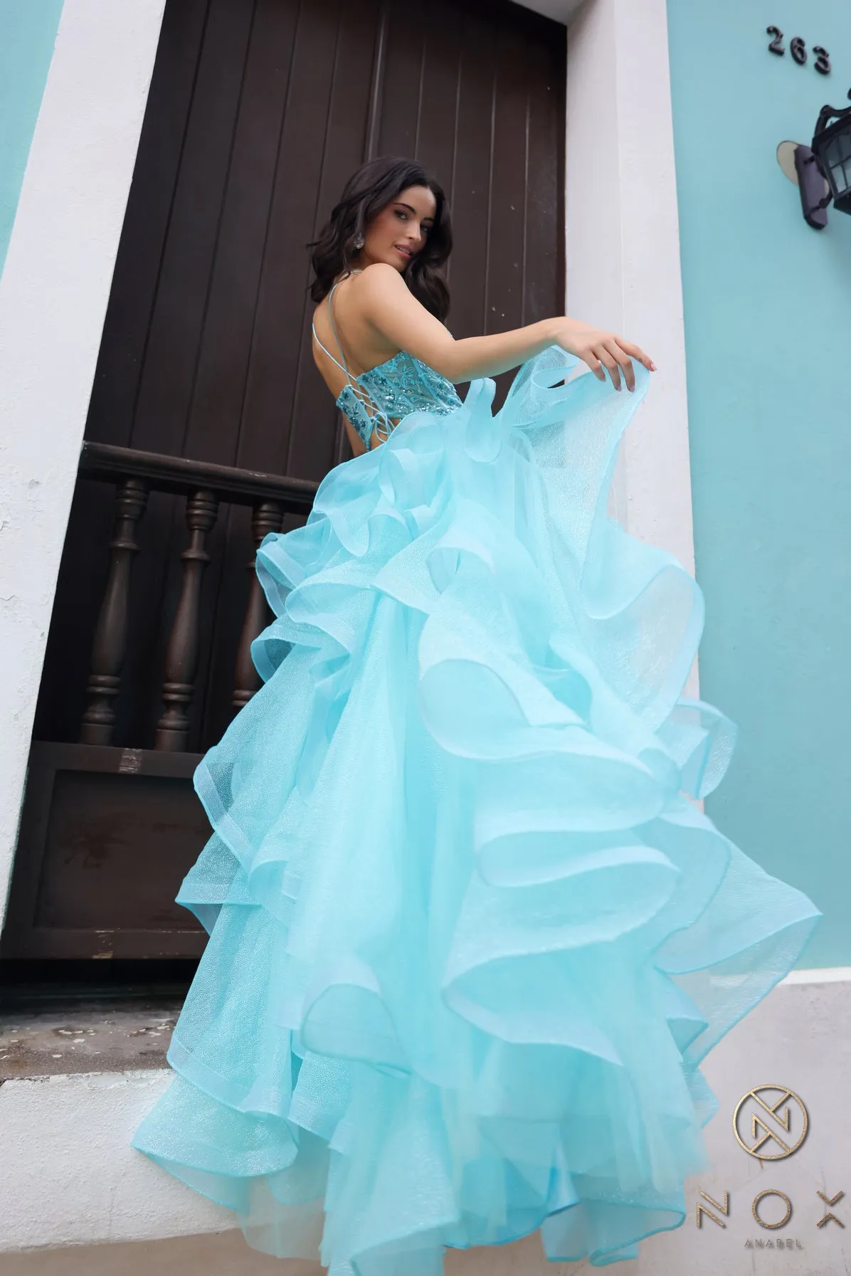 Nox Anabel R1433 Sheer Sequin Corset Ruffle Prom Dress Shimmer Ball Gown Formal V Neck