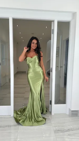 Olive Green Strapless Sweetheart Satin Gown