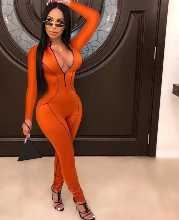 orange  Bodycon Jumpsuit turtleneck Bodysuit