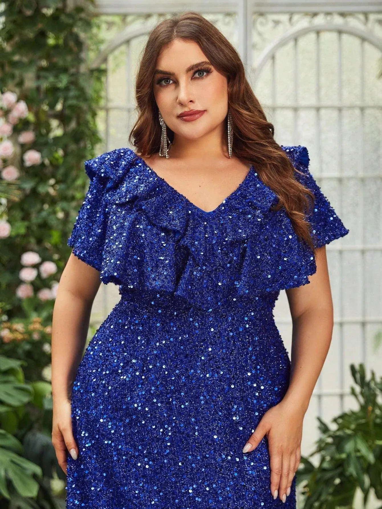 Plus Ruffle Trim Backless Sequin Formal Dresses
