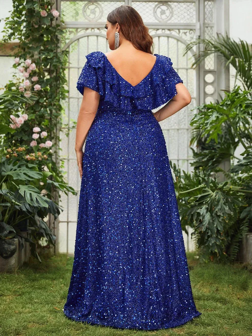Plus Ruffle Trim Backless Sequin Formal Dresses