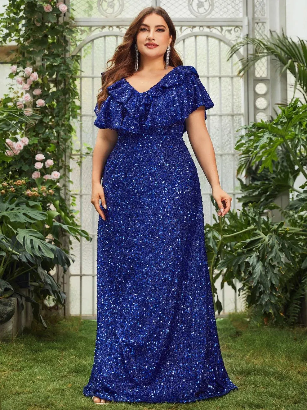 Plus Ruffle Trim Backless Sequin Formal Dresses