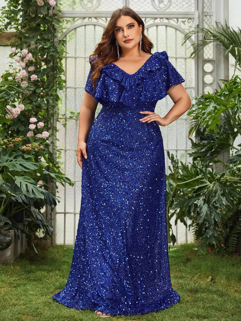 Plus Ruffle Trim Backless Sequin Formal Dresses