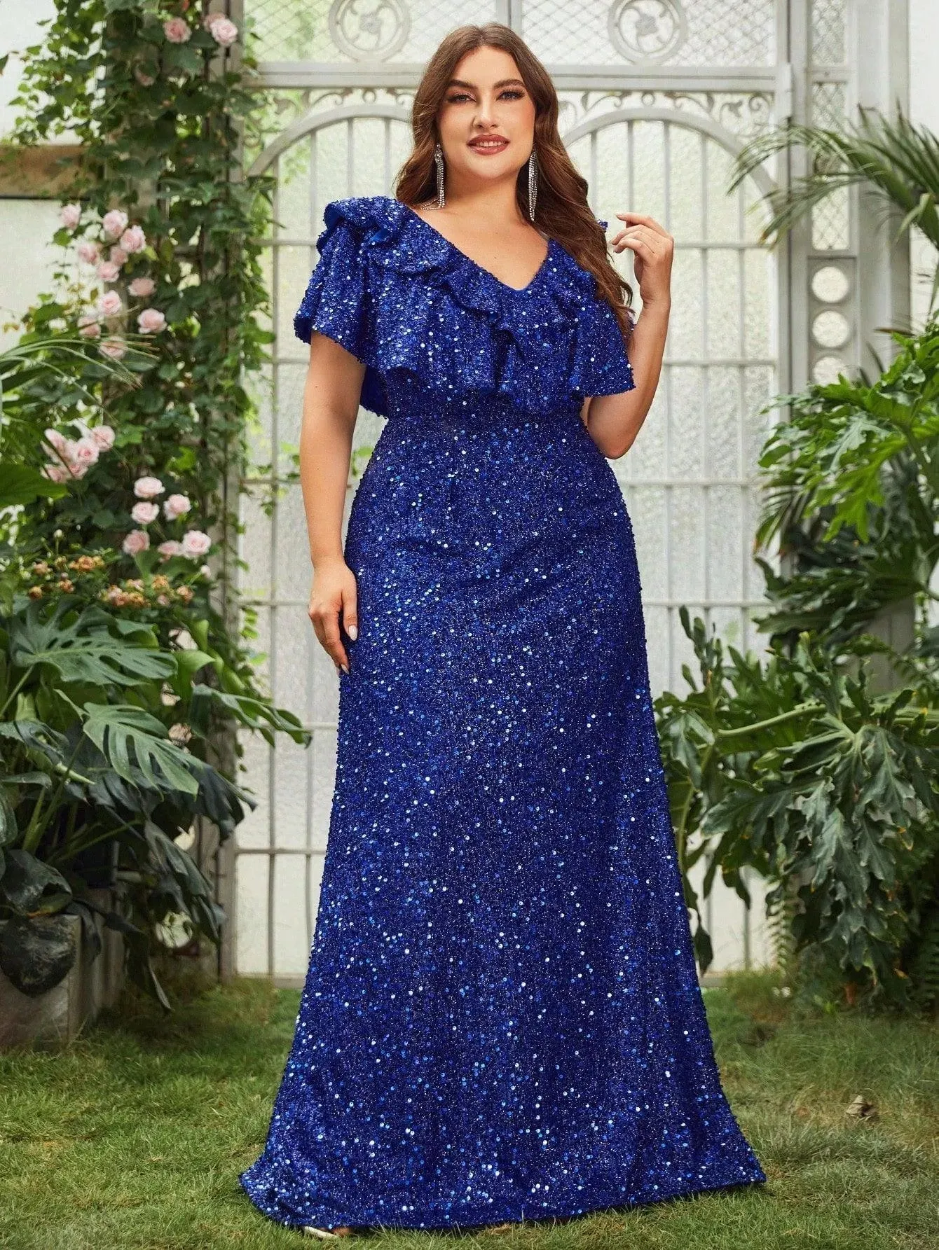 Plus Ruffle Trim Backless Sequin Formal Dresses