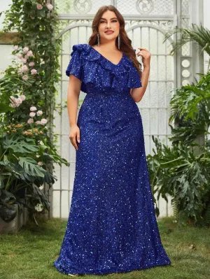 Plus Ruffle Trim Backless Sequin Formal Dresses