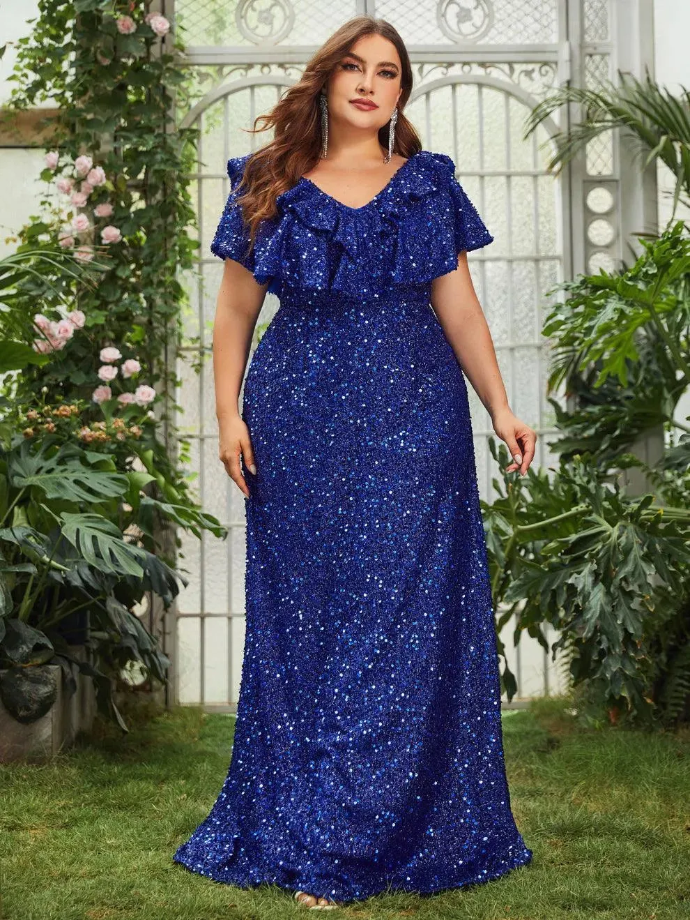 Plus Ruffle Trim Backless Sequin Formal Dresses