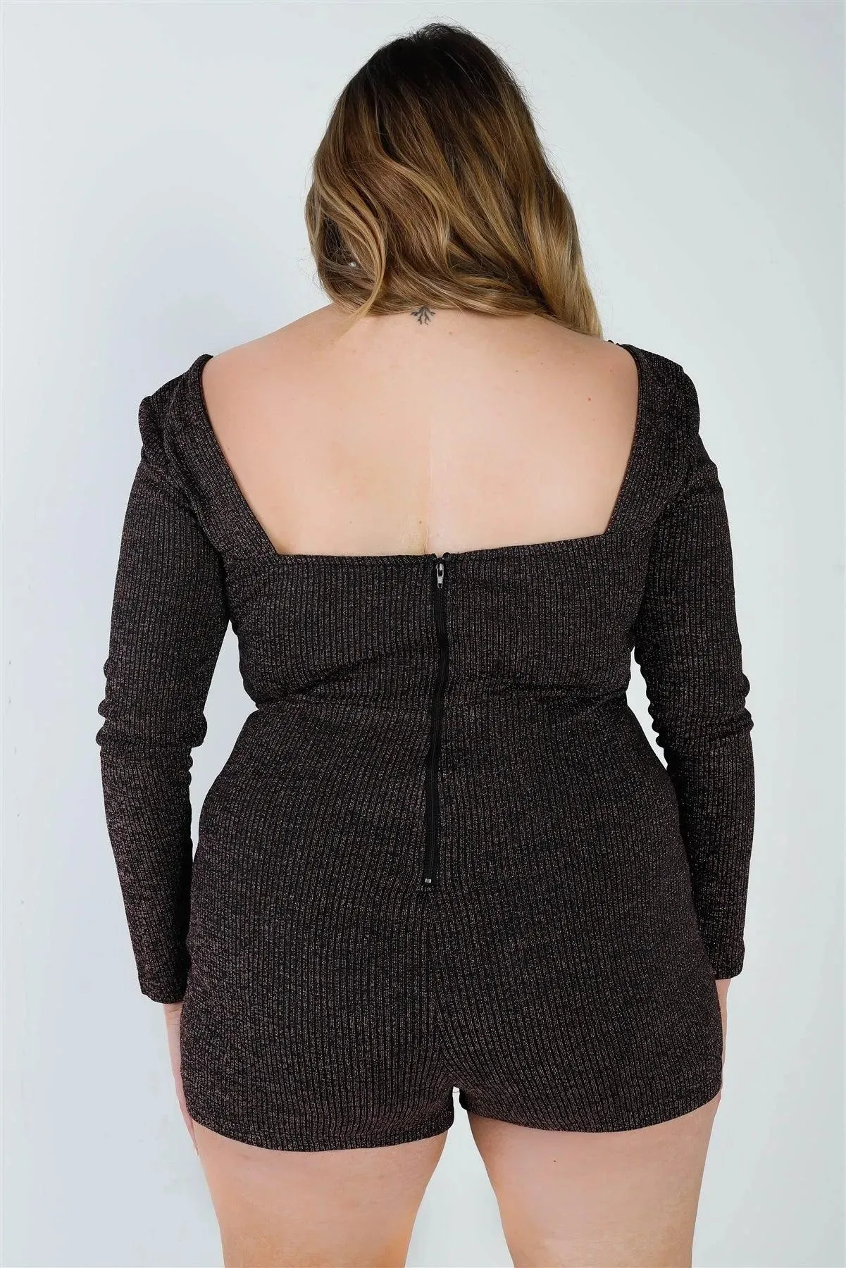 Plus Size Lurex Ribbed Long Sleeve Romper /2-2-2