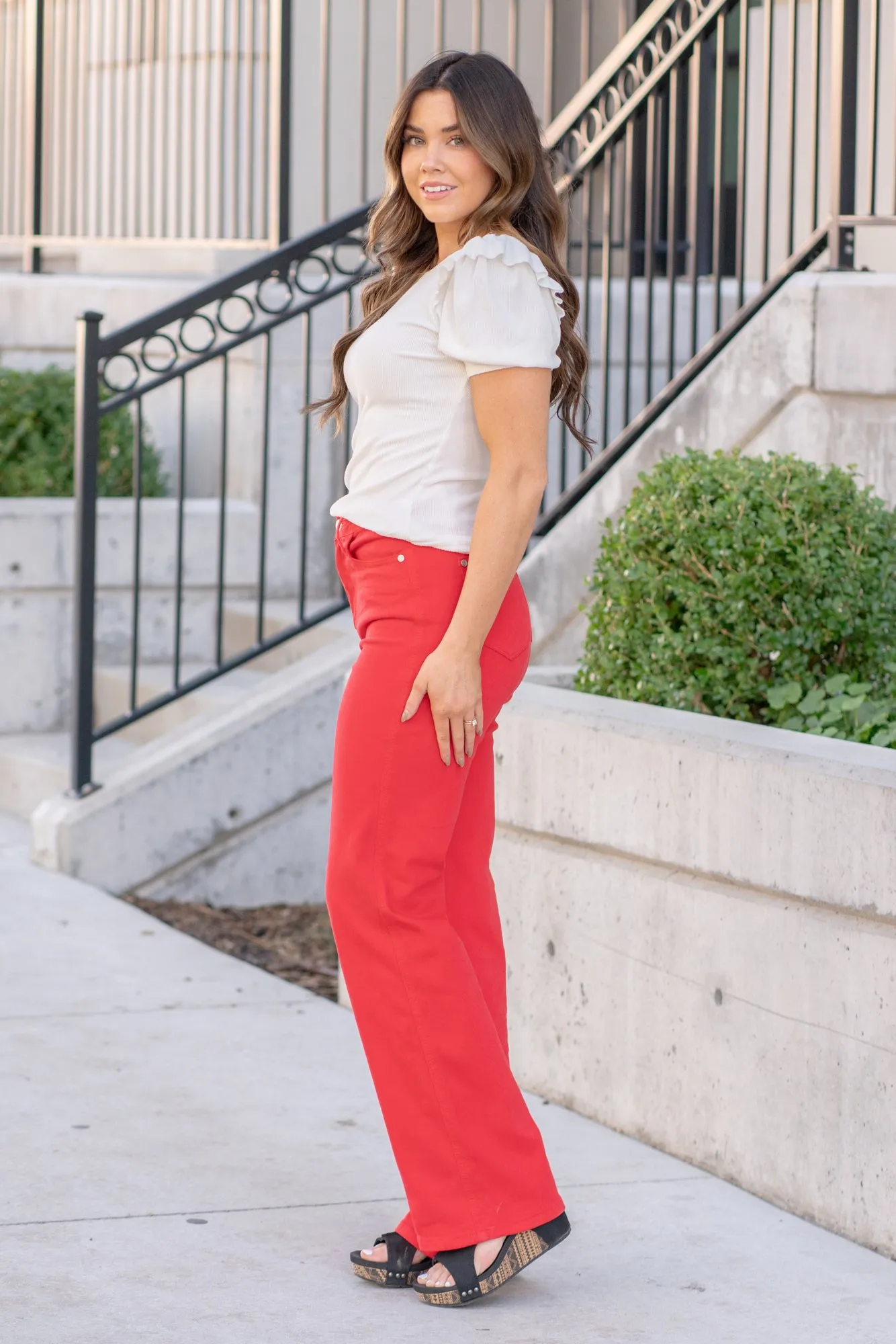 Plus Size Red 90's High Rise Frayed Hem Straight