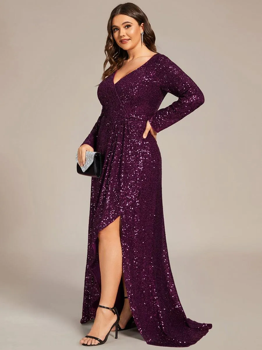 Plus Size Sequin V-Neck Long Sleeve High Slit Bodycon Evening Dress