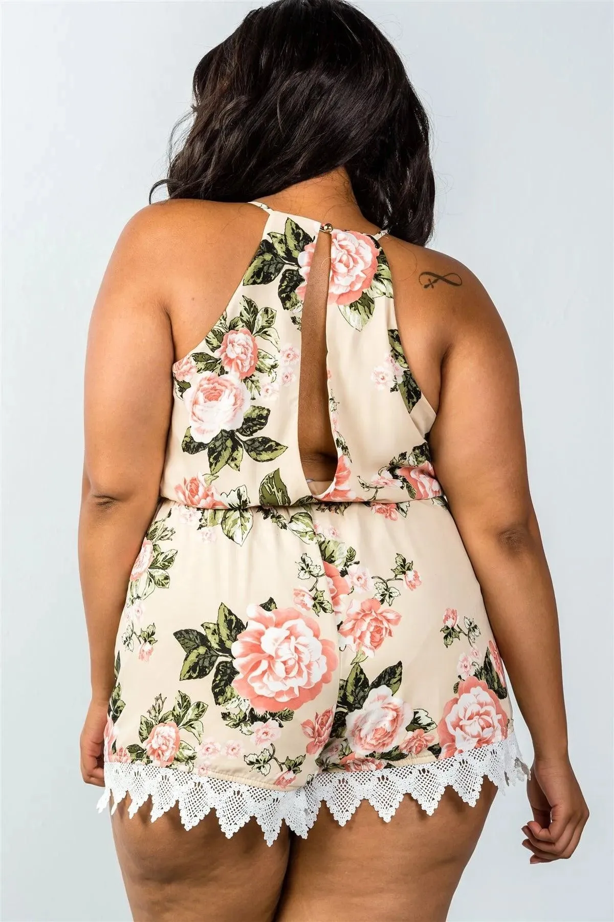 Plus Size Taupe Sleeveless Crochet Trim Romper /2-2-2