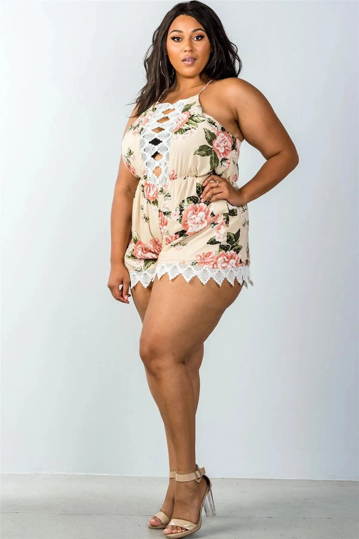 Plus Size Taupe Sleeveless Crochet Trim Romper /2-2-2
