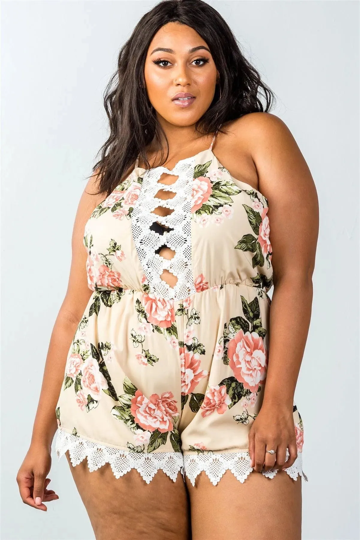 Plus Size Taupe Sleeveless Crochet Trim Romper /2-2-2