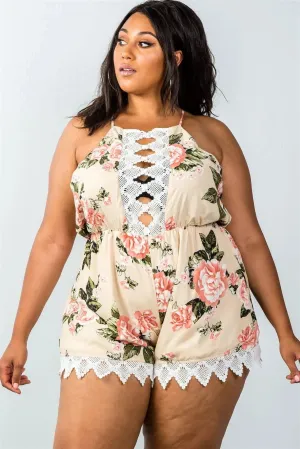 Plus Size Taupe Sleeveless Crochet Trim Romper /2-2-2
