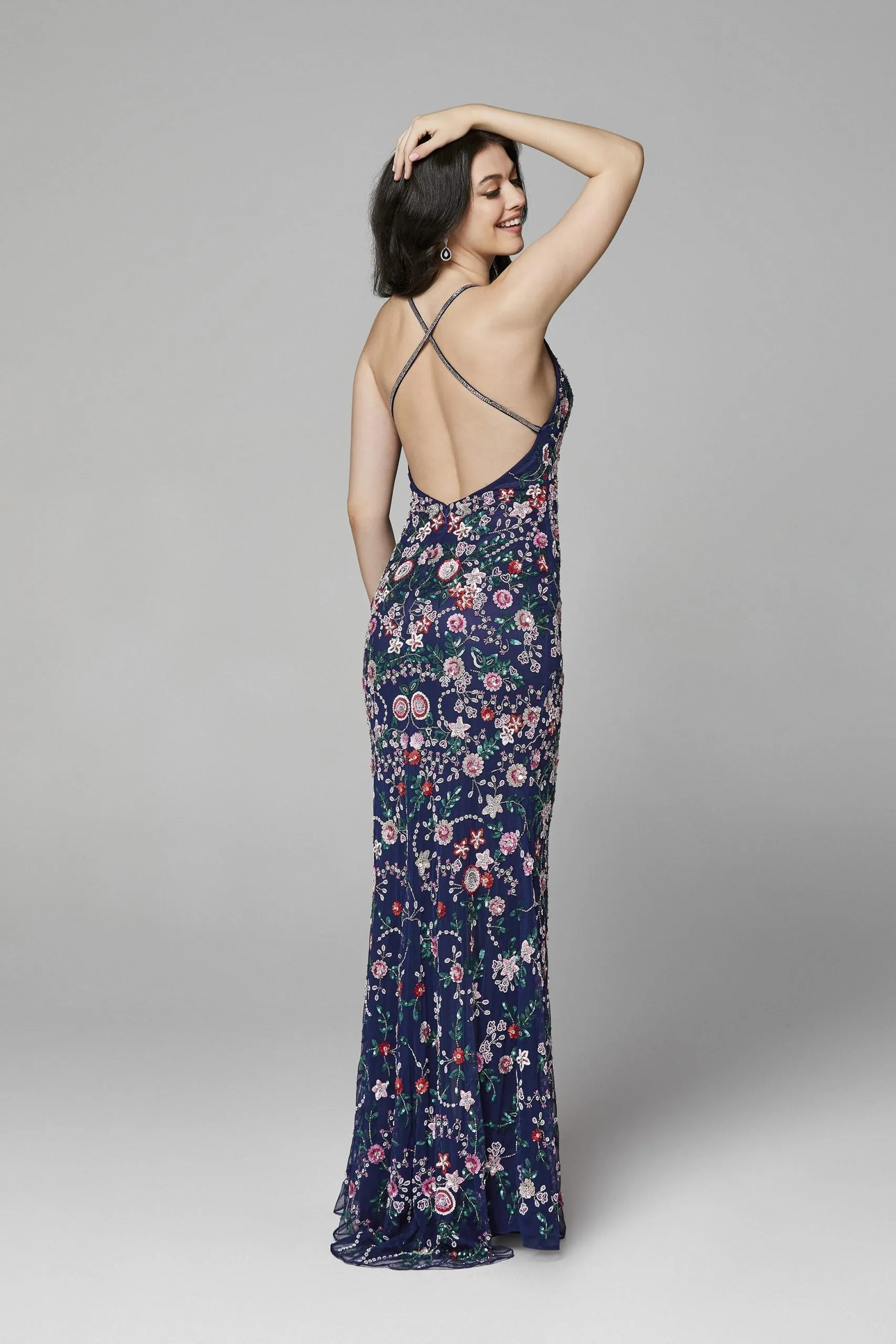 Primavera Couture 3073 Prom Dress Sequin Flowers Long Evening Gown V neckline slit