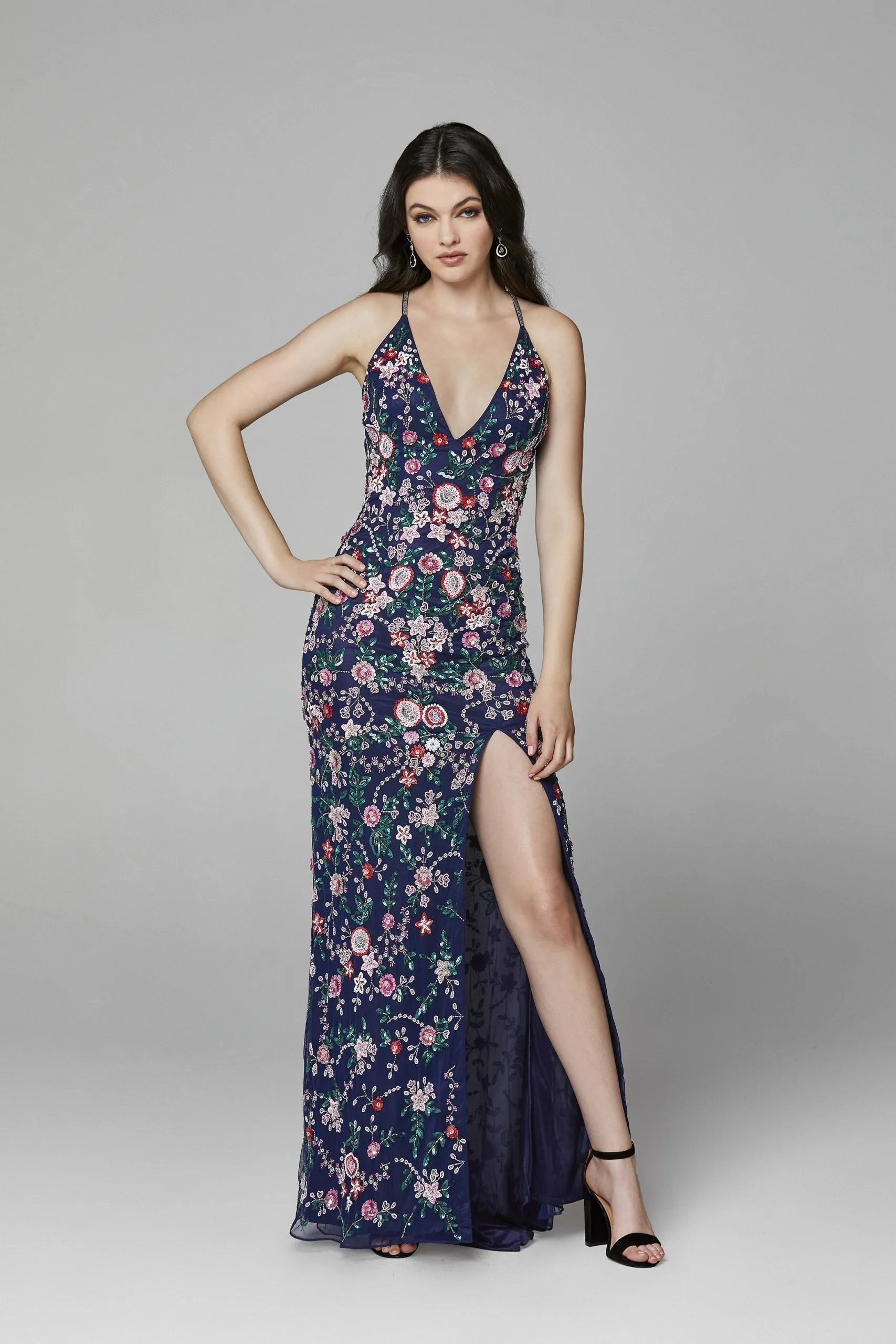 Primavera Couture 3073 Prom Dress Sequin Flowers Long Evening Gown V neckline slit