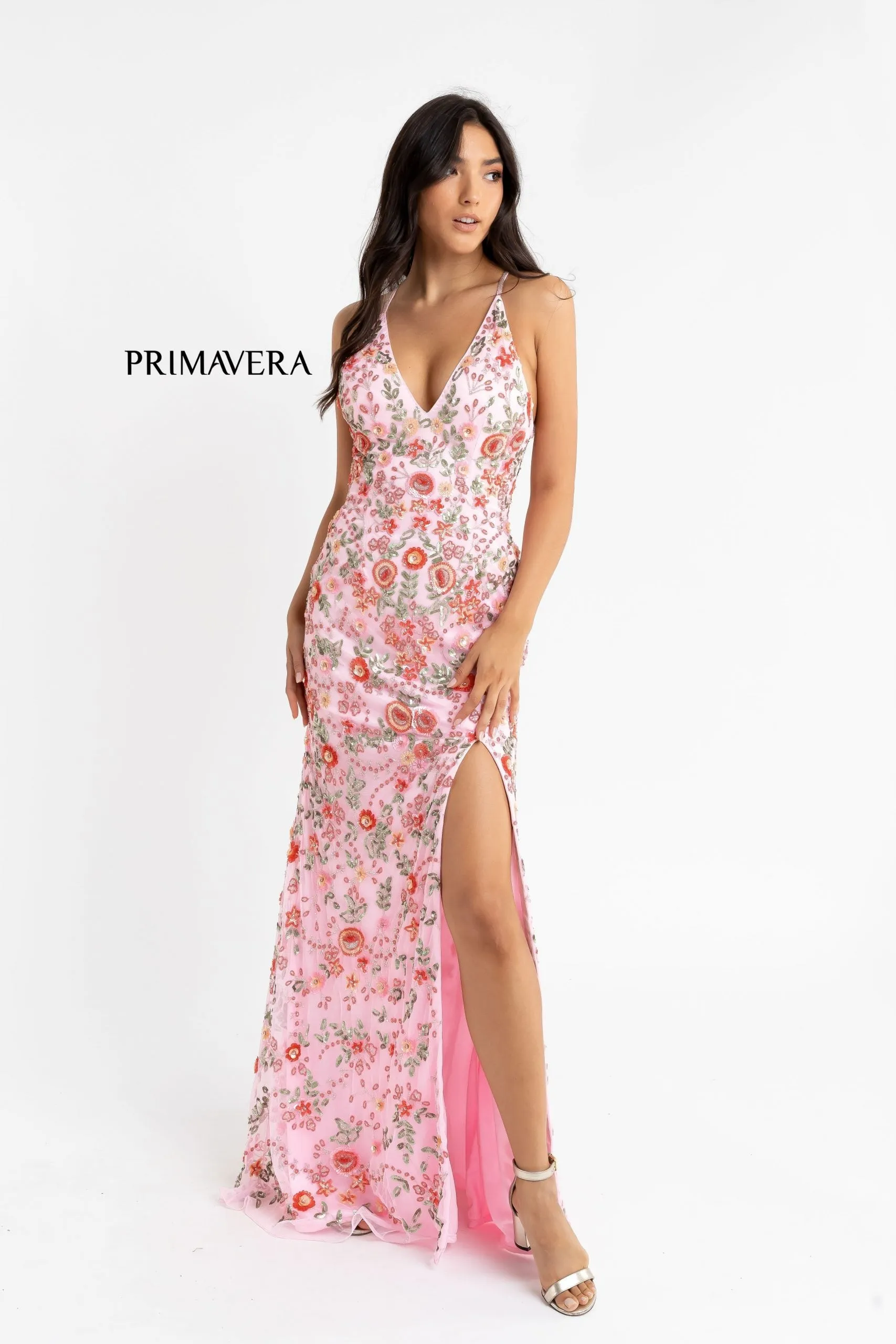 Primavera Couture 3073 Prom Dress Sequin Flowers Long Evening Gown V neckline slit