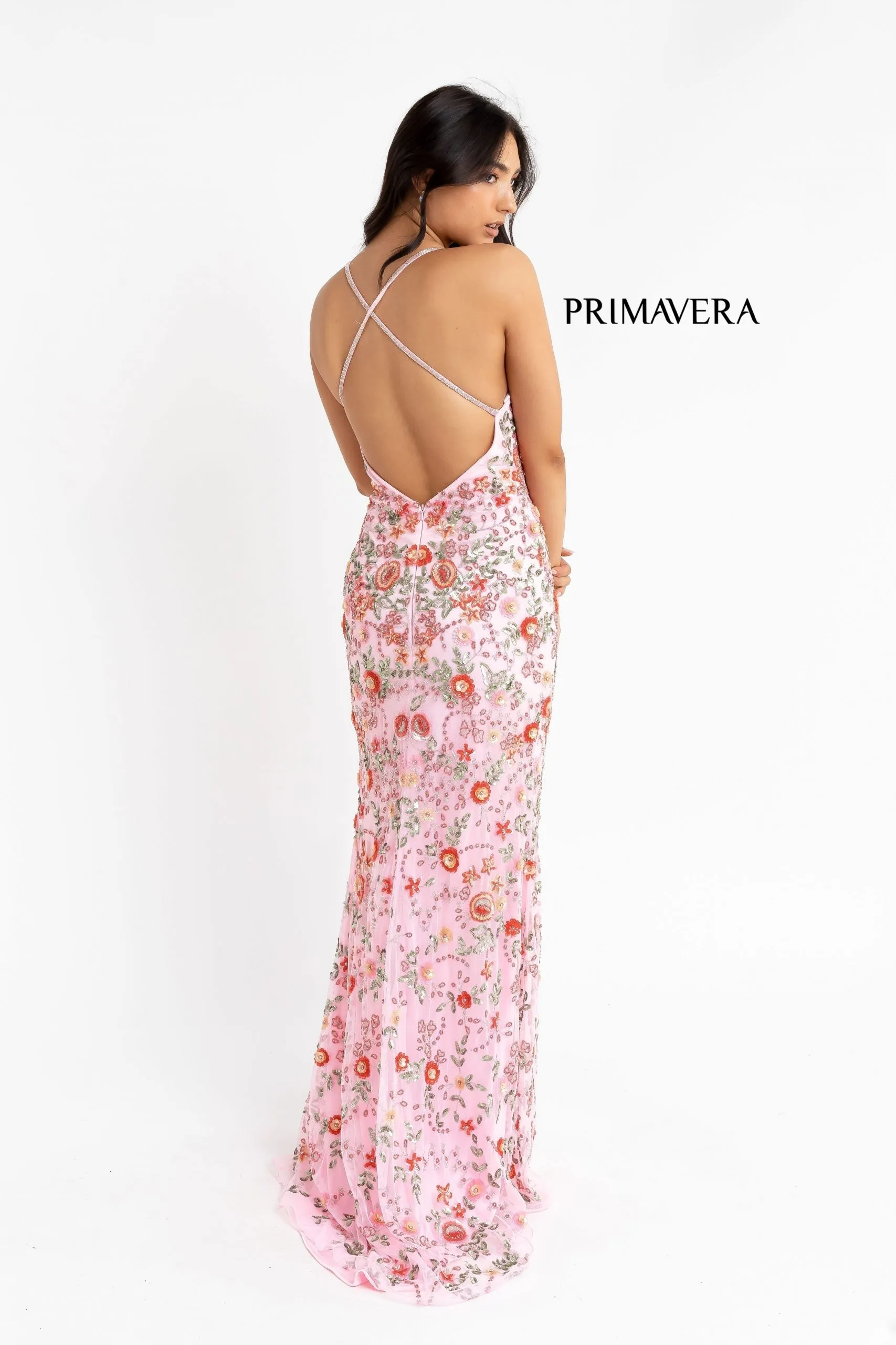 Primavera Couture 3073 Prom Dress Sequin Flowers Long Evening Gown V neckline slit