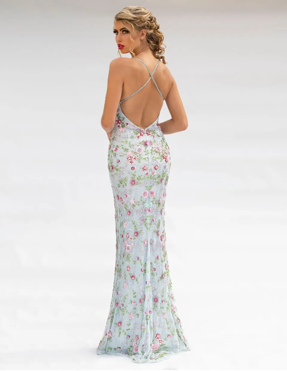 Primavera Couture 3073 Prom Dress Sequin Flowers Long Evening Gown V neckline slit