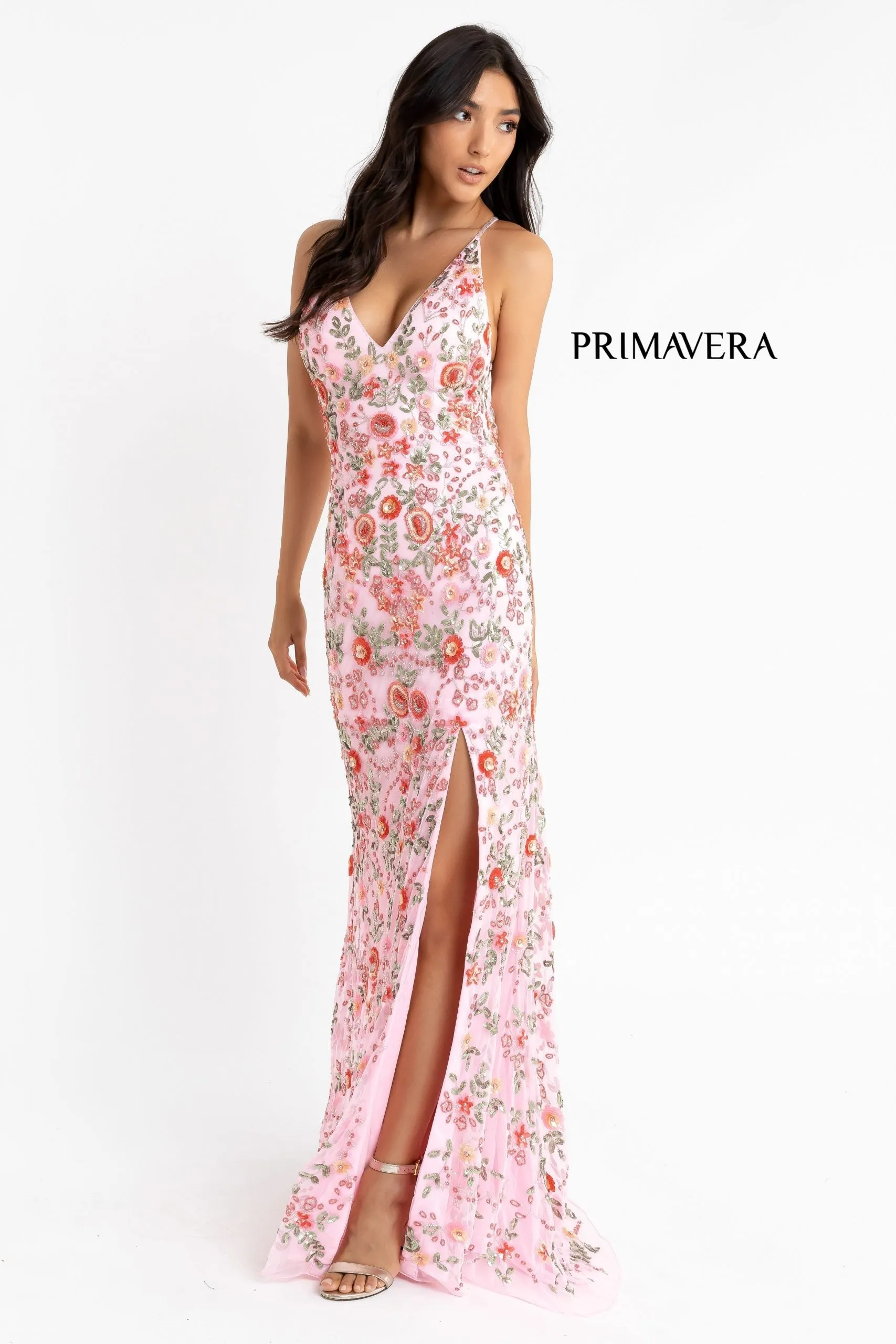 Primavera Couture 3073 Prom Dress Sequin Flowers Long Evening Gown V neckline slit