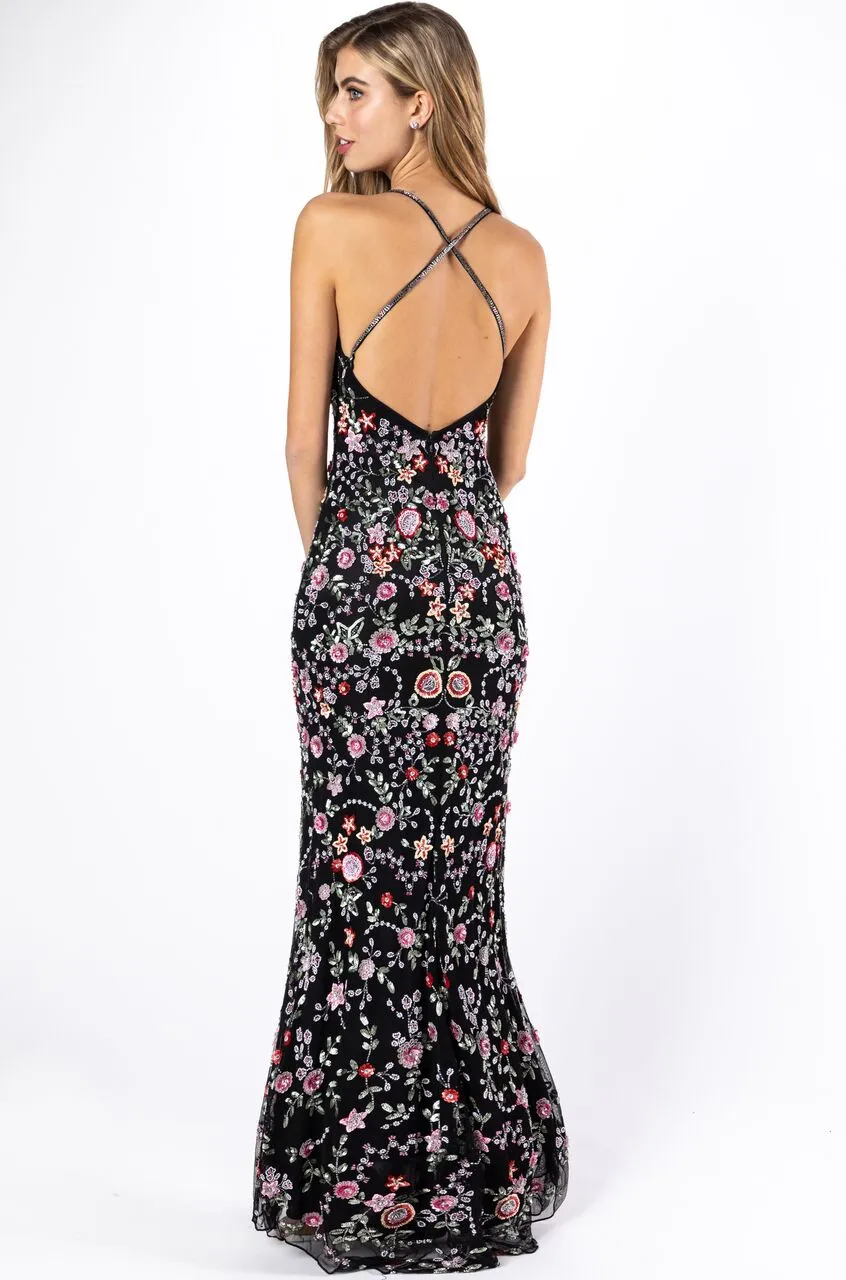 Primavera Couture 3073 Prom Dress Sequin Flowers Long Evening Gown V neckline slit