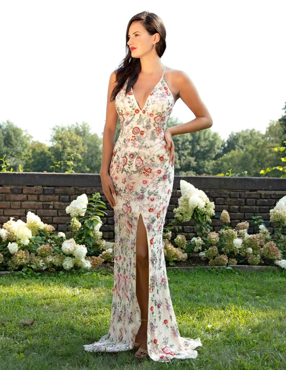 Primavera Couture 3073 Prom Dress Sequin Flowers Long Evening Gown V neckline slit