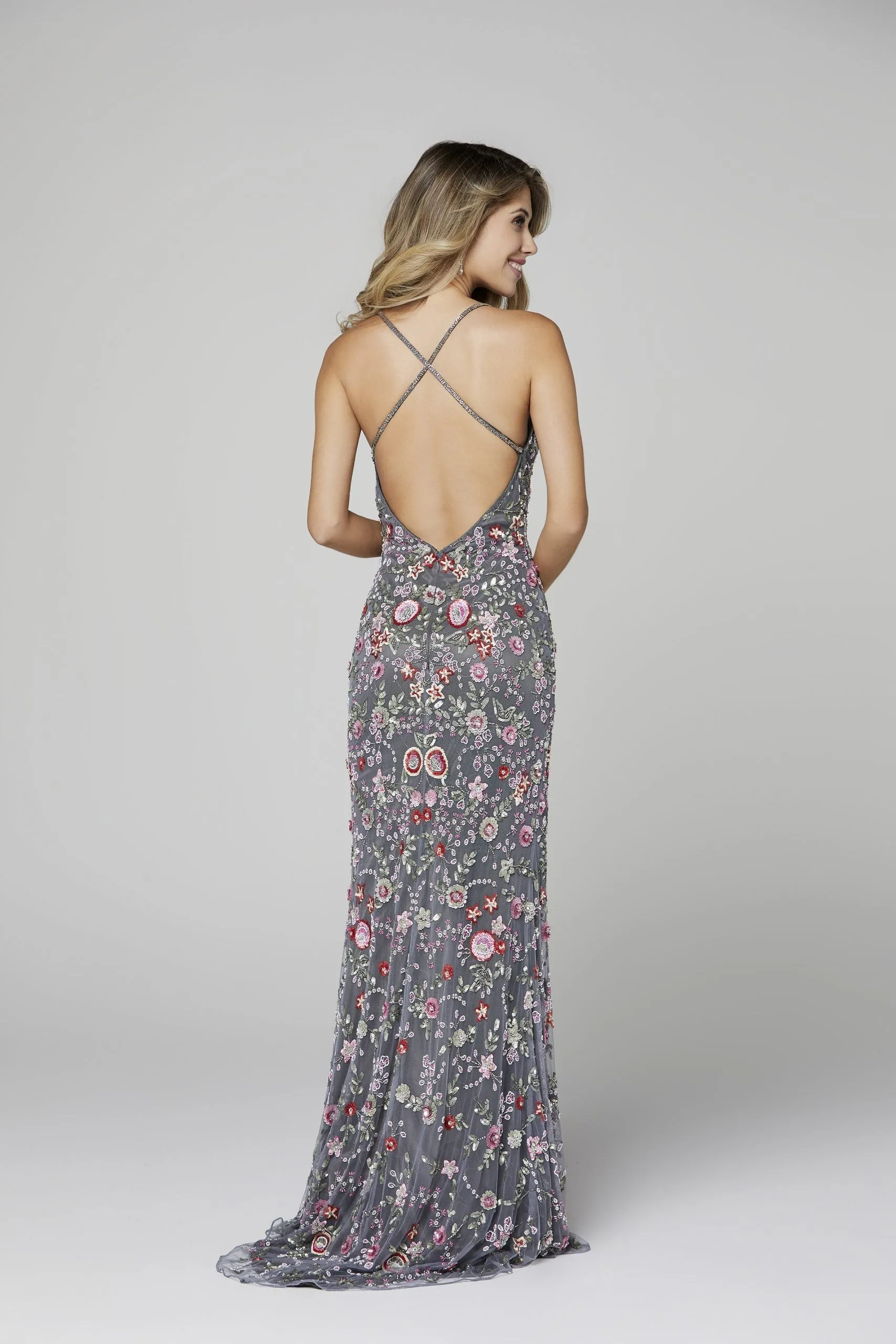 Primavera Couture 3073 Prom Dress Sequin Flowers Long Evening Gown V neckline slit
