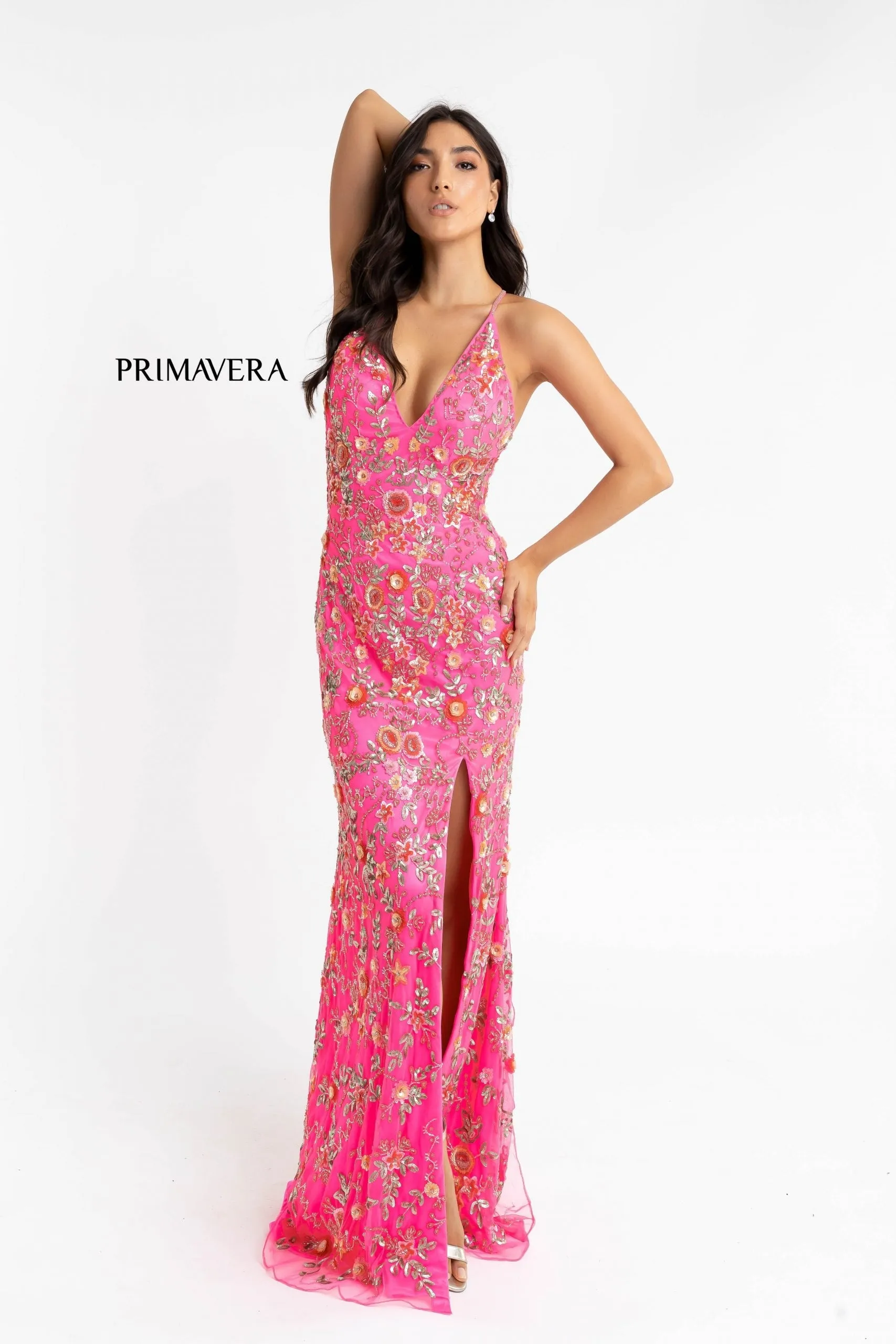 Primavera Couture 3073 Prom Dress Sequin Flowers Long Evening Gown V neckline slit