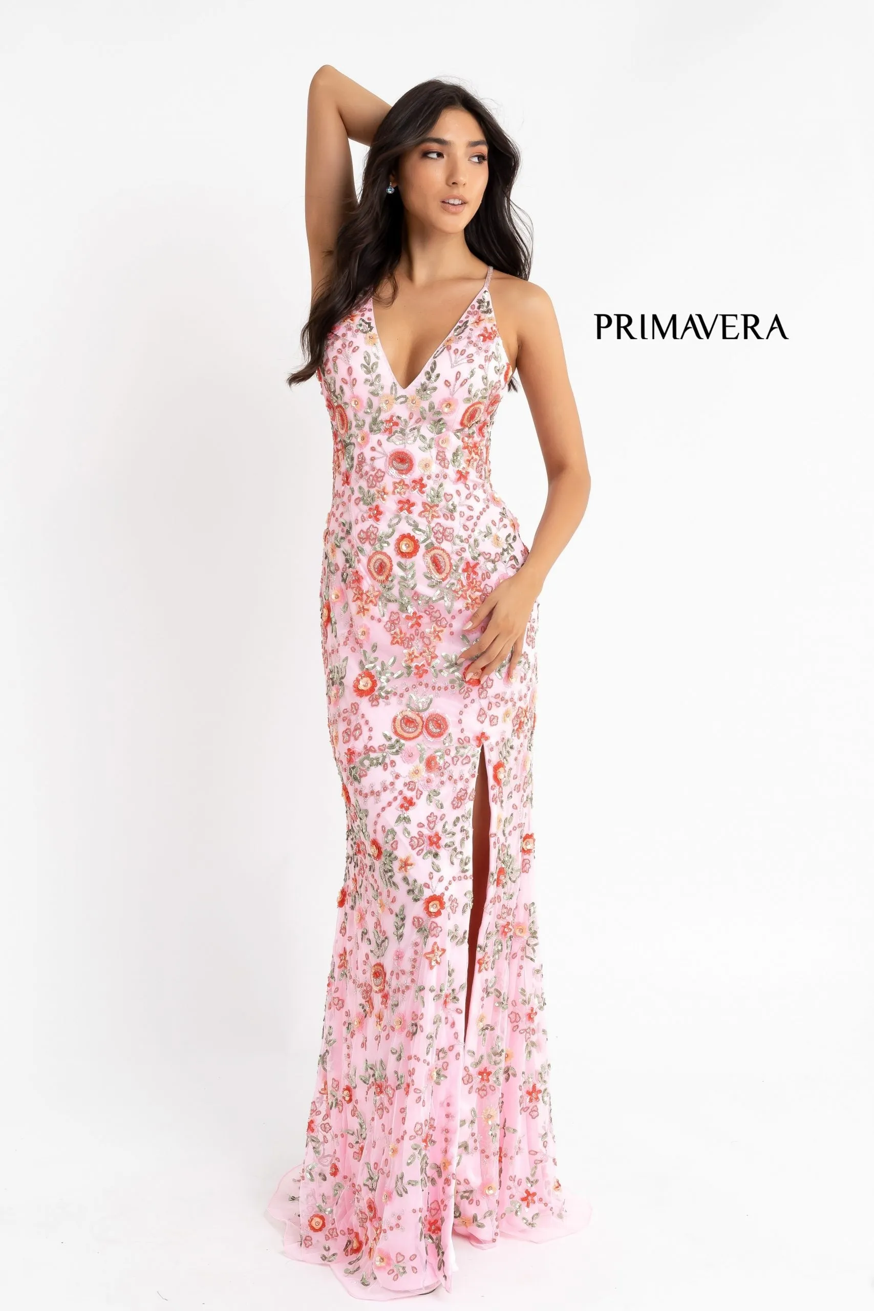 Primavera Couture 3073 Prom Dress Sequin Flowers Long Evening Gown V neckline slit