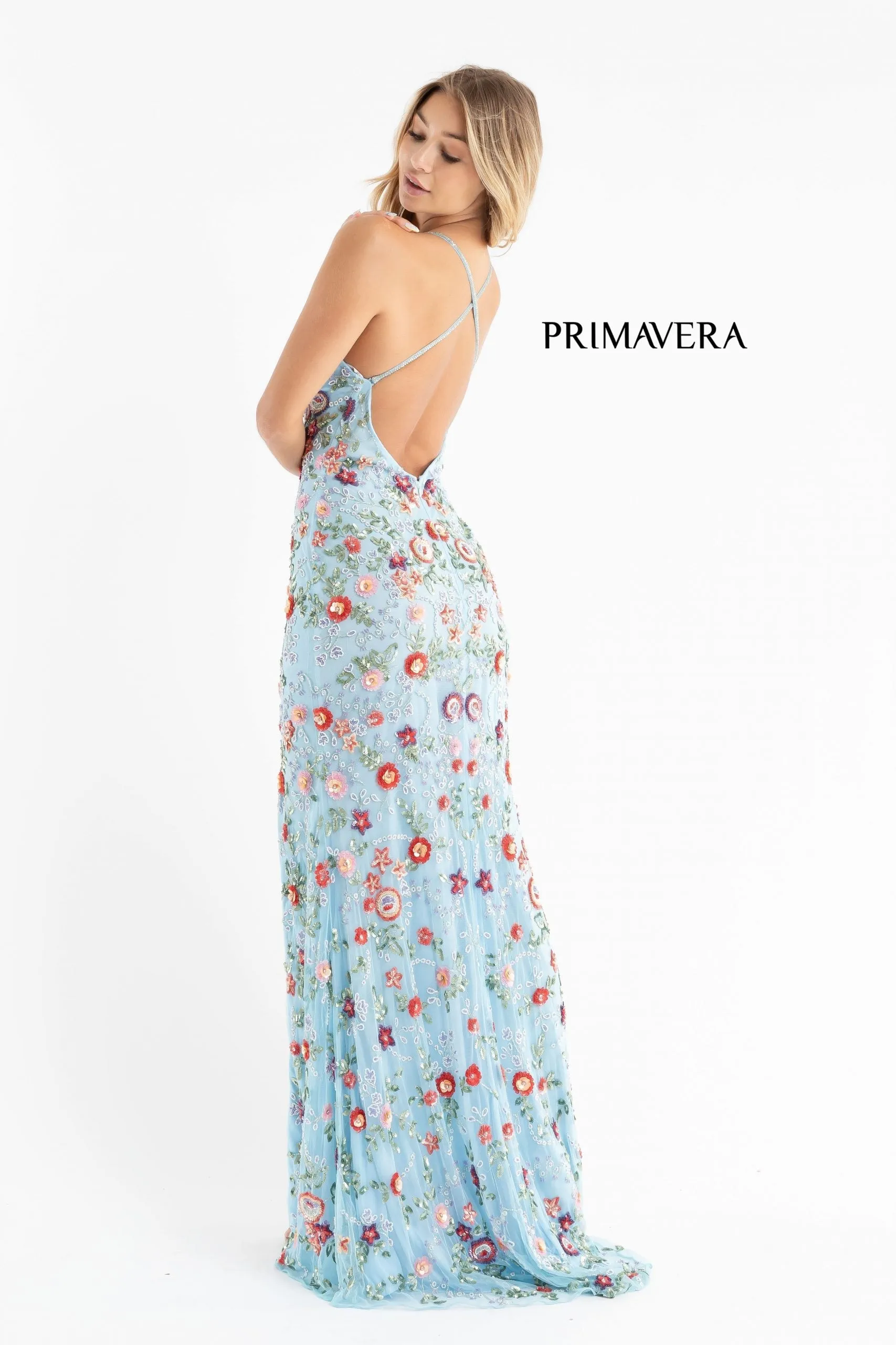 Primavera Couture 3073 Prom Dress Sequin Flowers Long Evening Gown V neckline slit