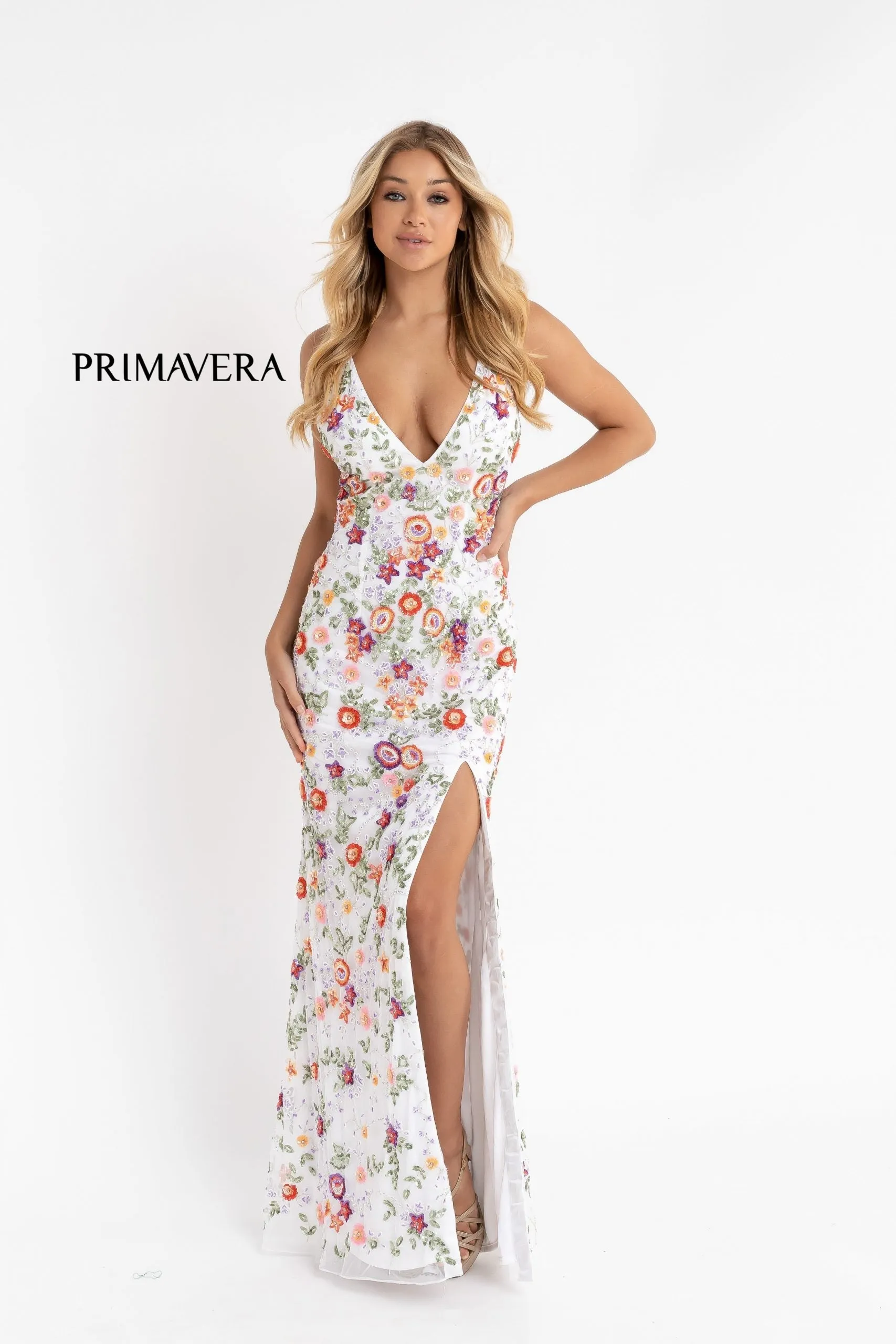Primavera Couture 3073 Prom Dress Sequin Flowers Long Evening Gown V neckline slit