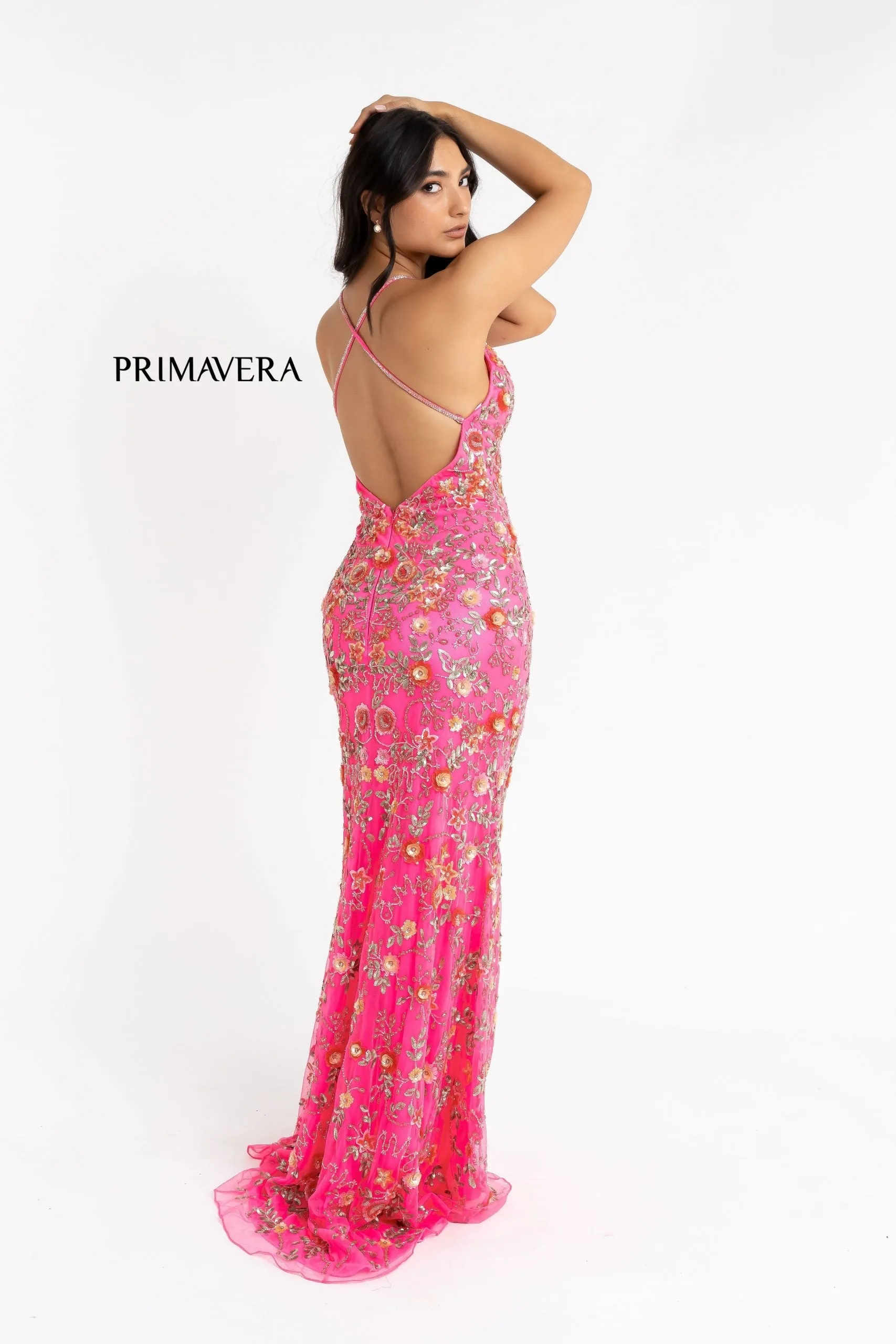 Primavera Couture 3073 Prom Dress Sequin Flowers Long Evening Gown V neckline slit
