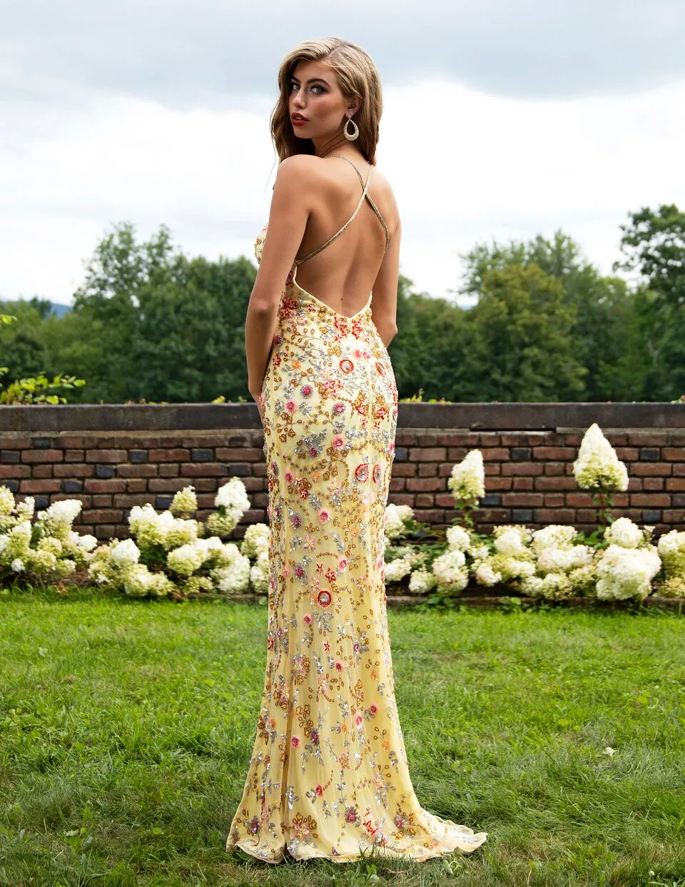 Primavera Couture 3073 Prom Dress Sequin Flowers Long Evening Gown V neckline slit