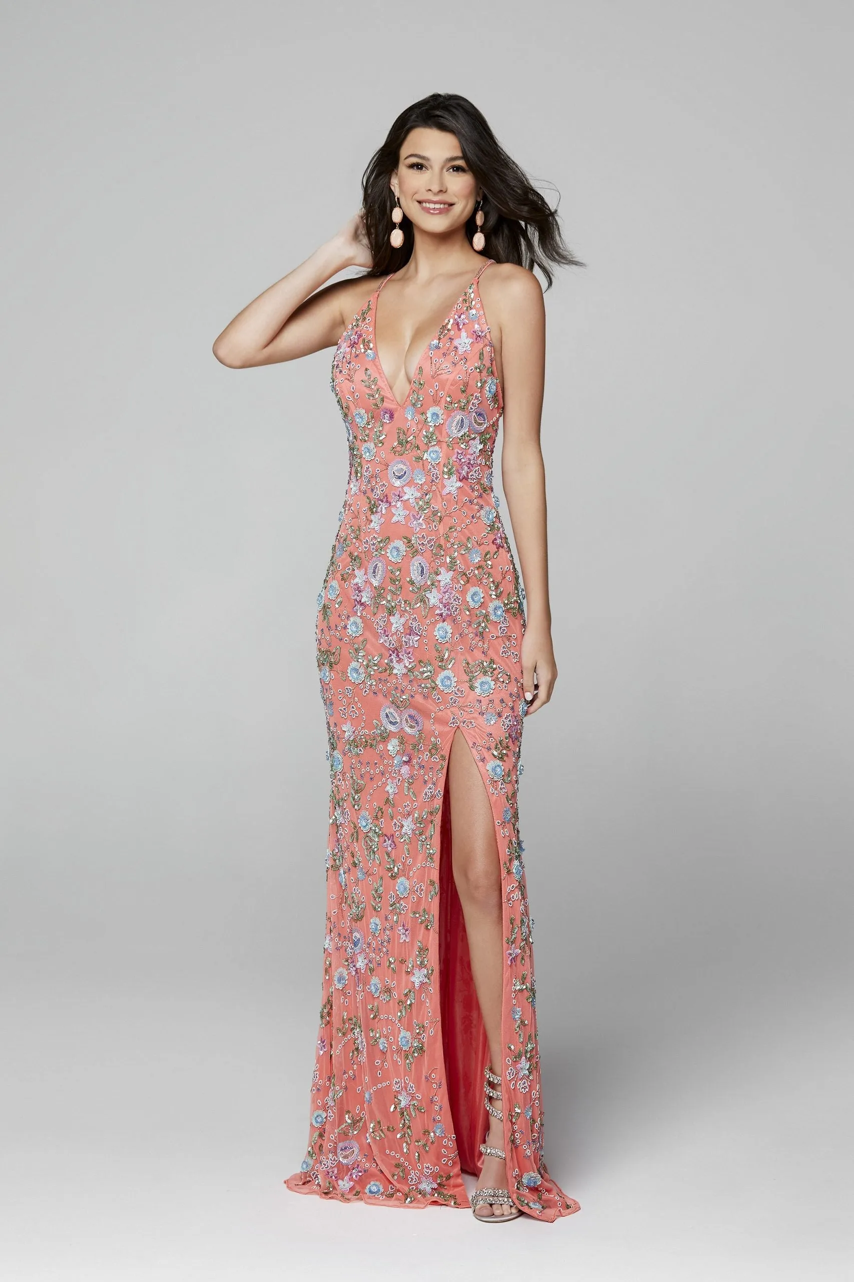 Primavera Couture 3073 Prom Dress Sequin Flowers Long Evening Gown V neckline slit