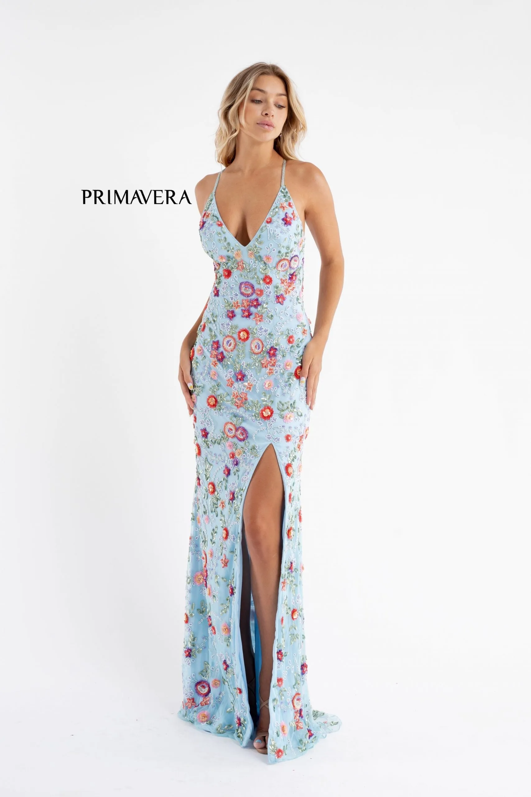 Primavera Couture 3073 Prom Dress Sequin Flowers Long Evening Gown V neckline slit