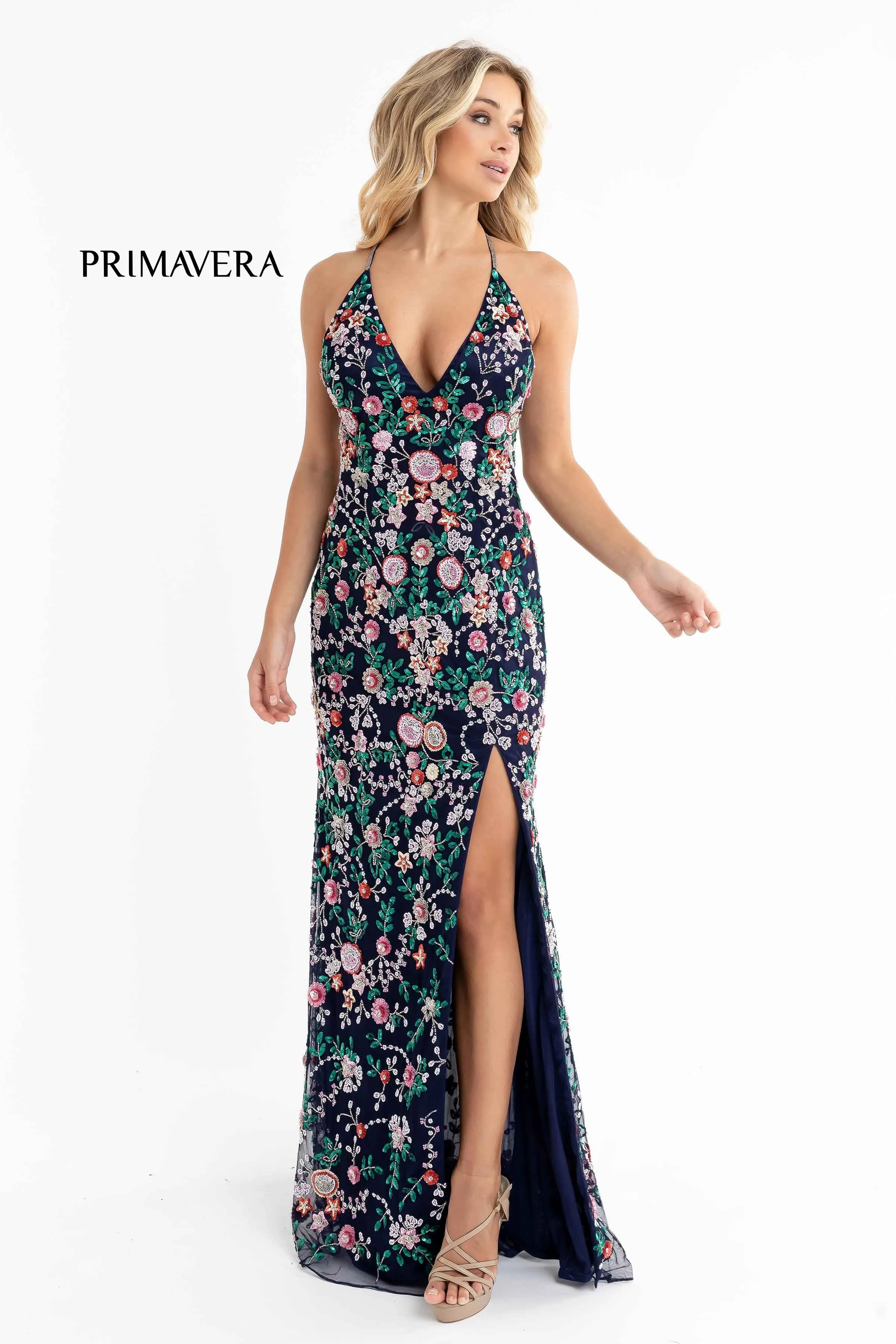 Primavera Couture 3073 Prom Dress Sequin Flowers Long Evening Gown V neckline slit
