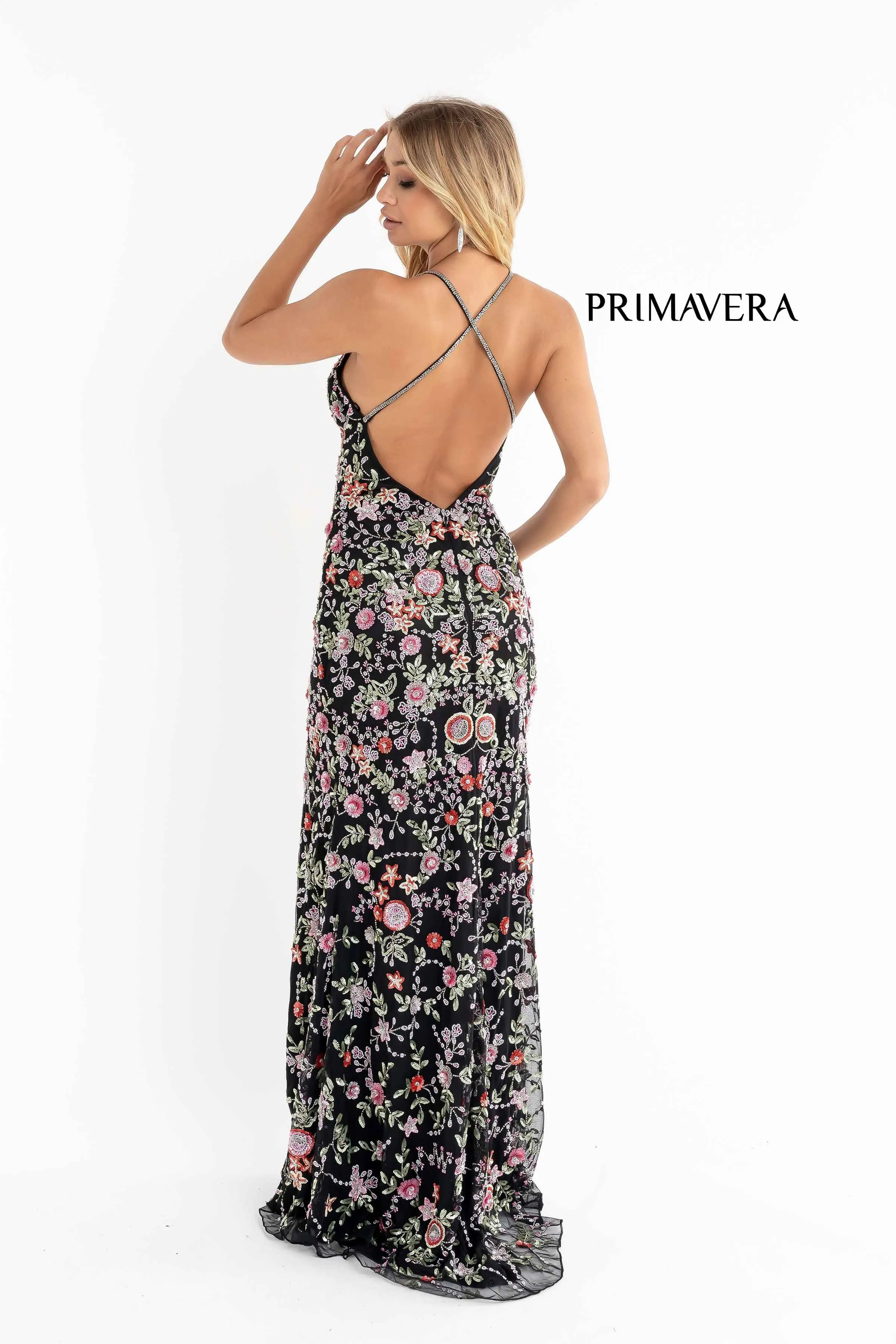 Primavera Couture 3073 Prom Dress Sequin Flowers Long Evening Gown V neckline slit