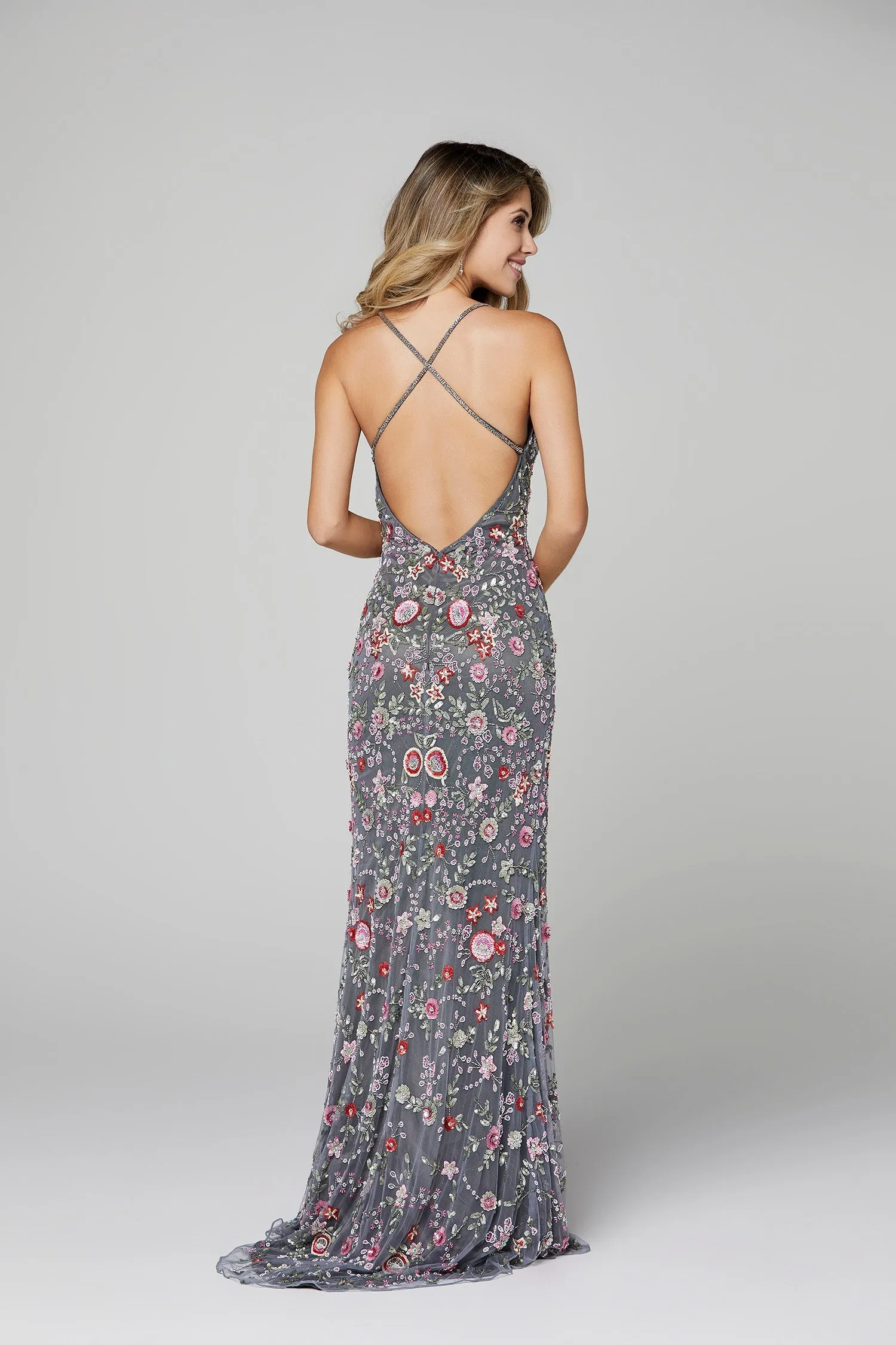 Primavera Couture 3073 Prom Dress Sequin Flowers Long Evening Gown V neckline slit